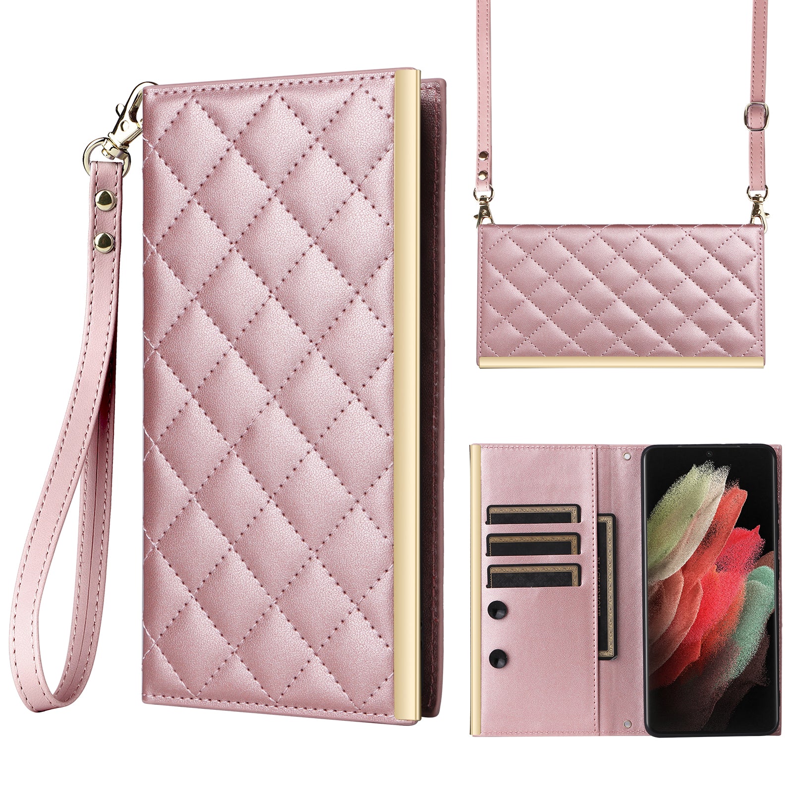 For Samsung Galaxy S21 Ultra 5G Case Suction Cup Wallet Phone Cover with Crossbody Strap
