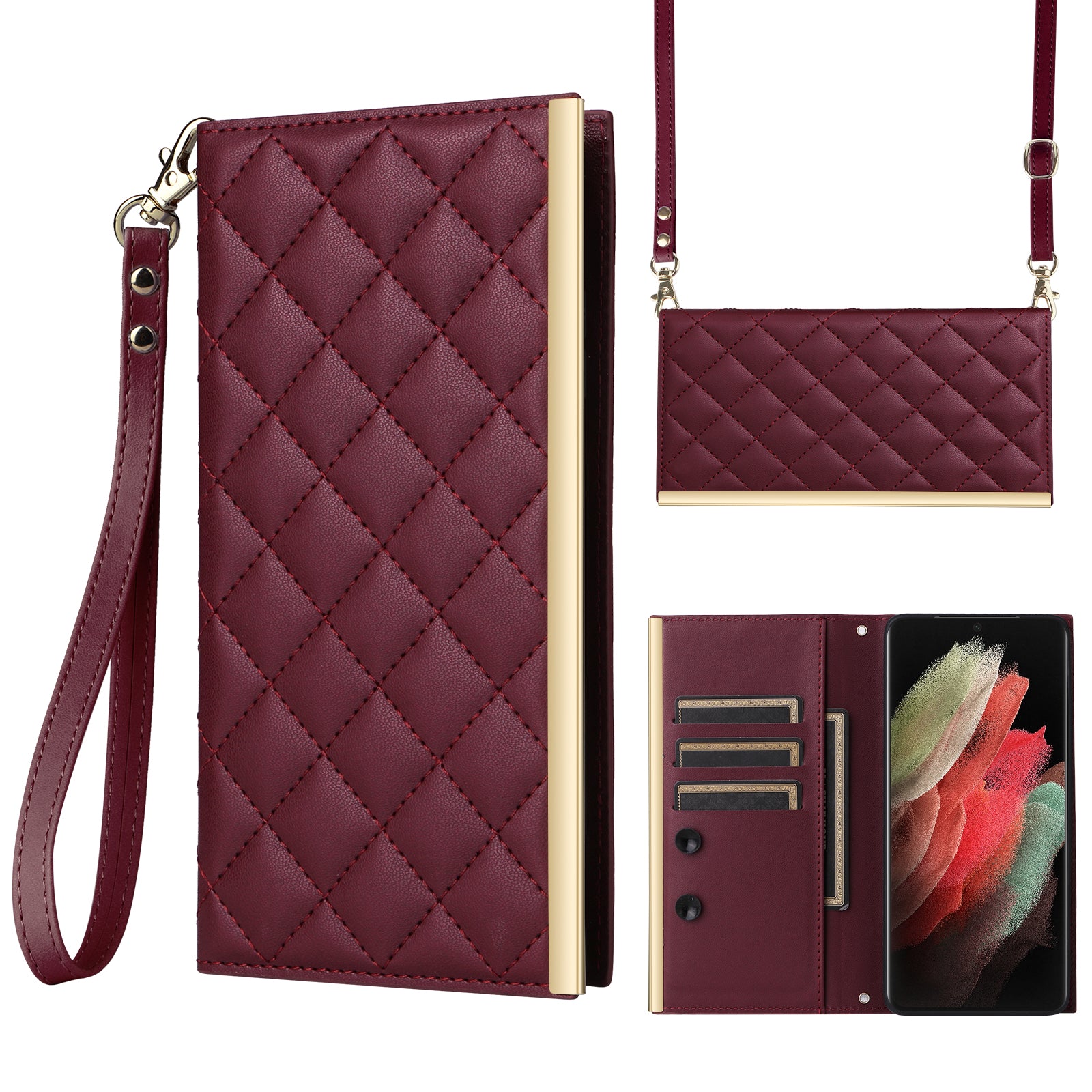 For Samsung Galaxy S21 Ultra 5G Case Suction Cup Wallet Phone Cover with Crossbody Strap
