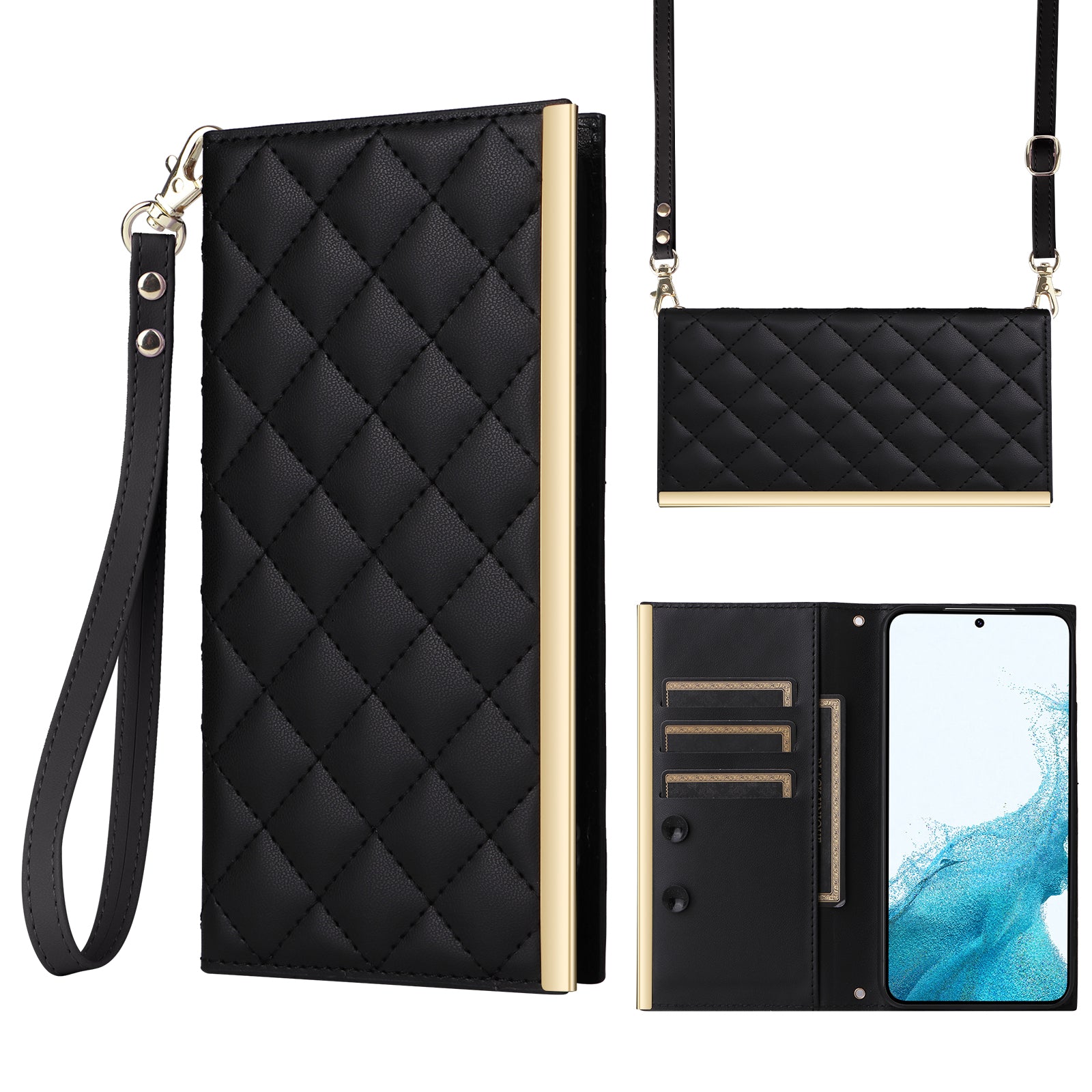 For Samsung Galaxy S22 5G Case Rhombus Grid PU Leather Wallet Suction Cup Phone Cover