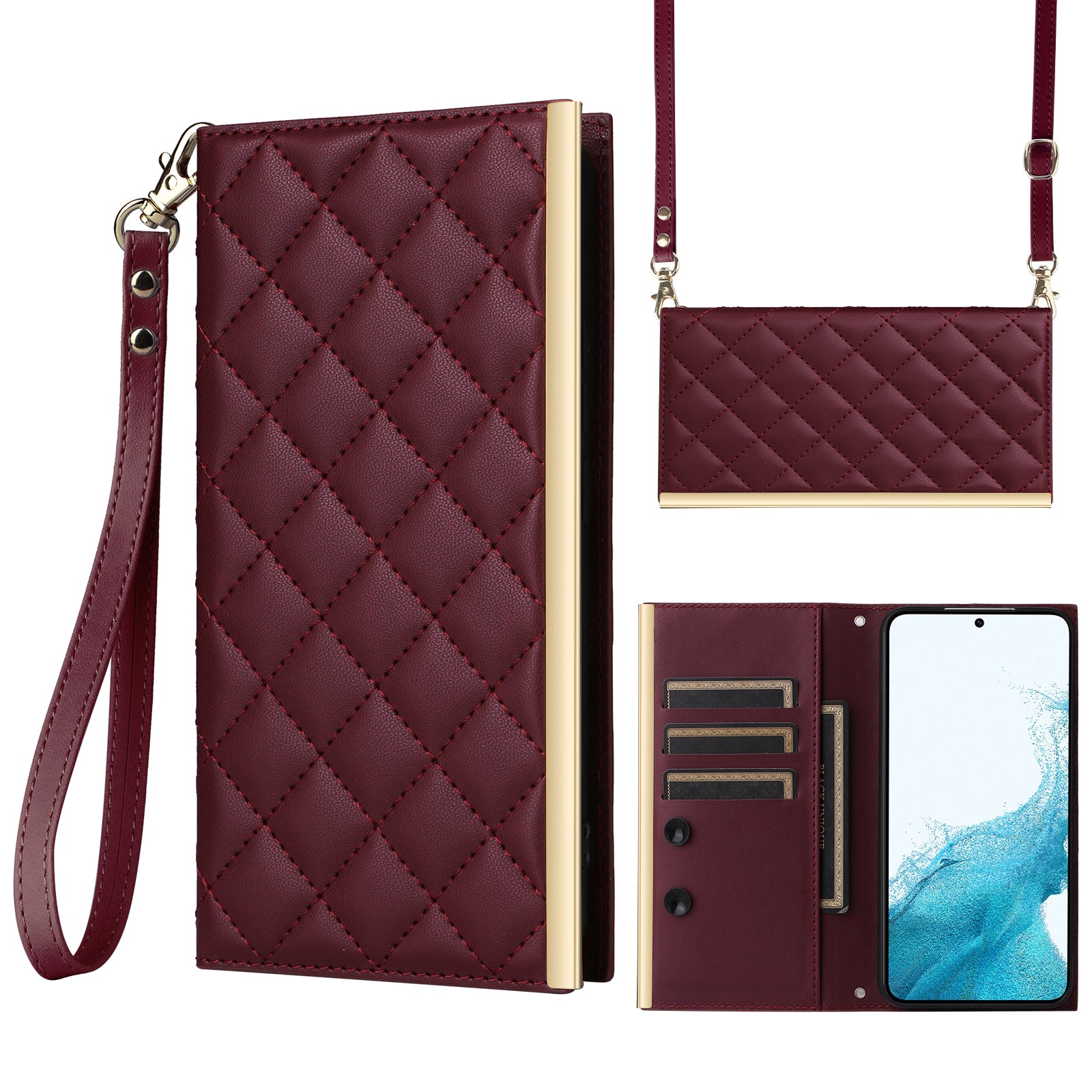 For Samsung Galaxy S22 5G Case Rhombus Grid PU Leather Wallet Suction Cup Phone Cover