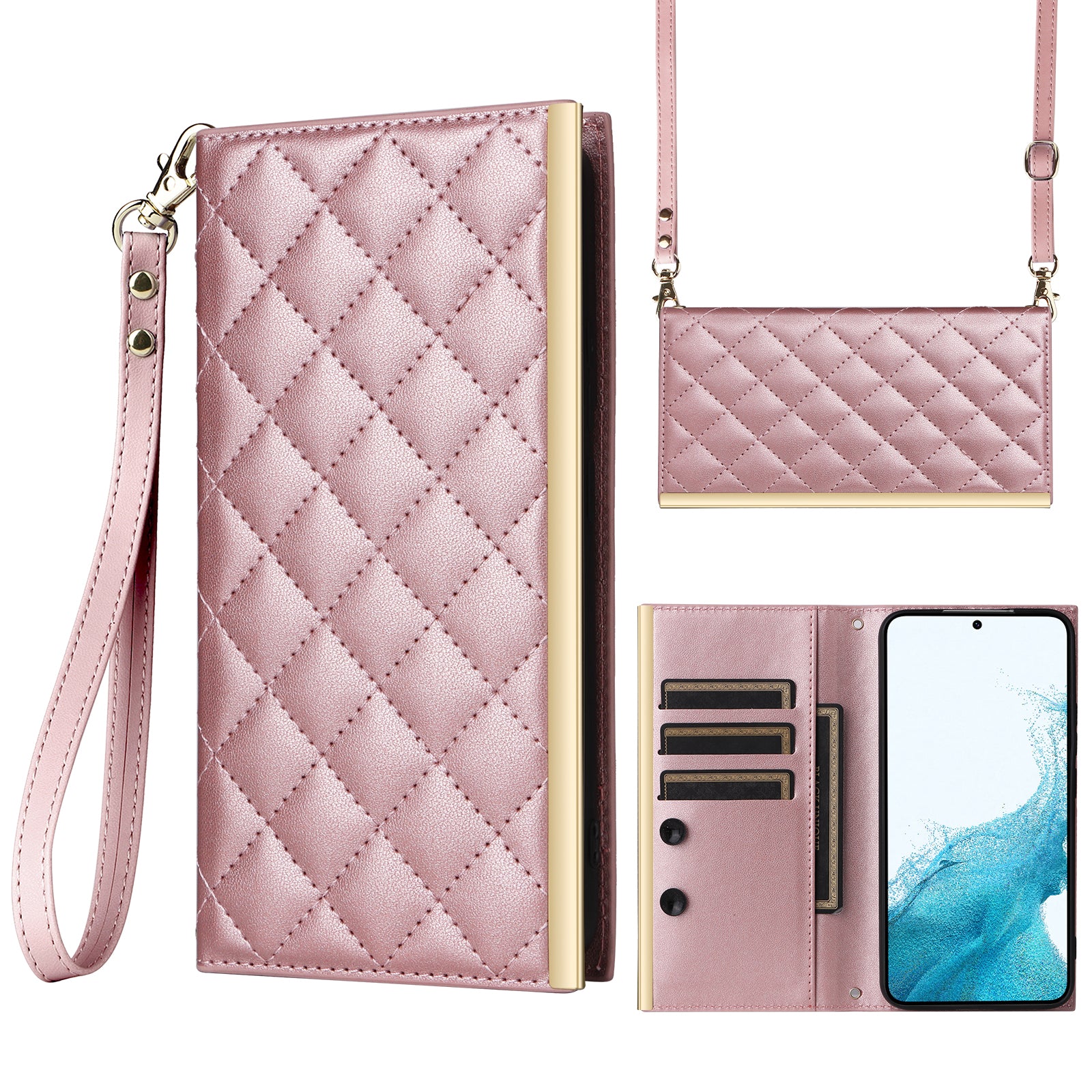 For Samsung Galaxy S22 5G Case Rhombus Grid PU Leather Wallet Suction Cup Phone Cover