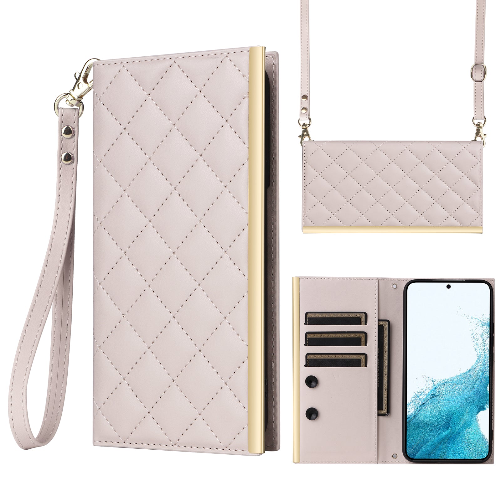 For Samsung Galaxy S22 5G Case Rhombus Grid PU Leather Wallet Suction Cup Phone Cover