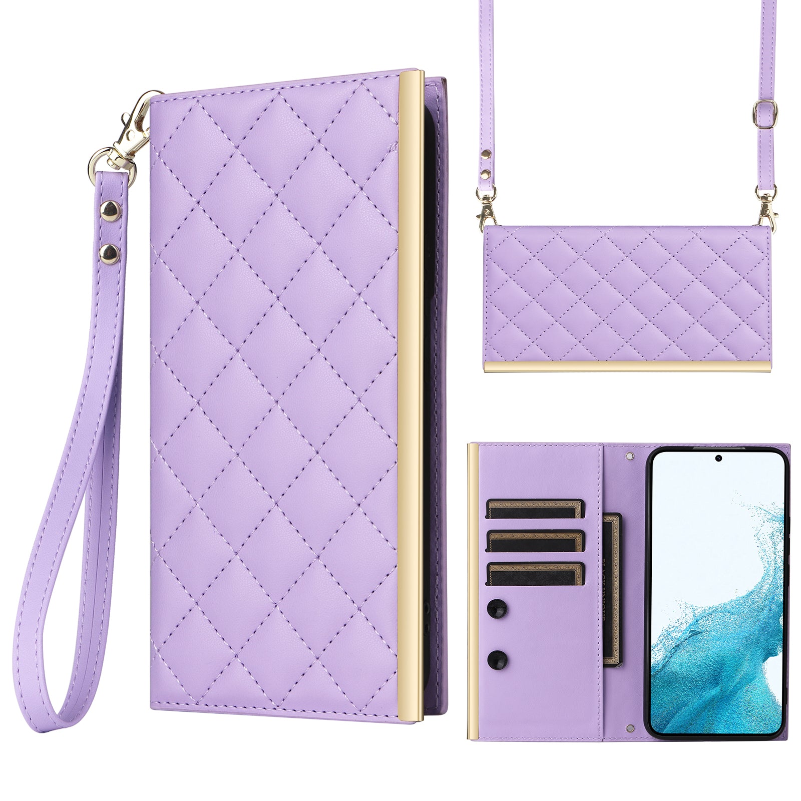 For Samsung Galaxy S22 5G Case Rhombus Grid PU Leather Wallet Suction Cup Phone Cover
