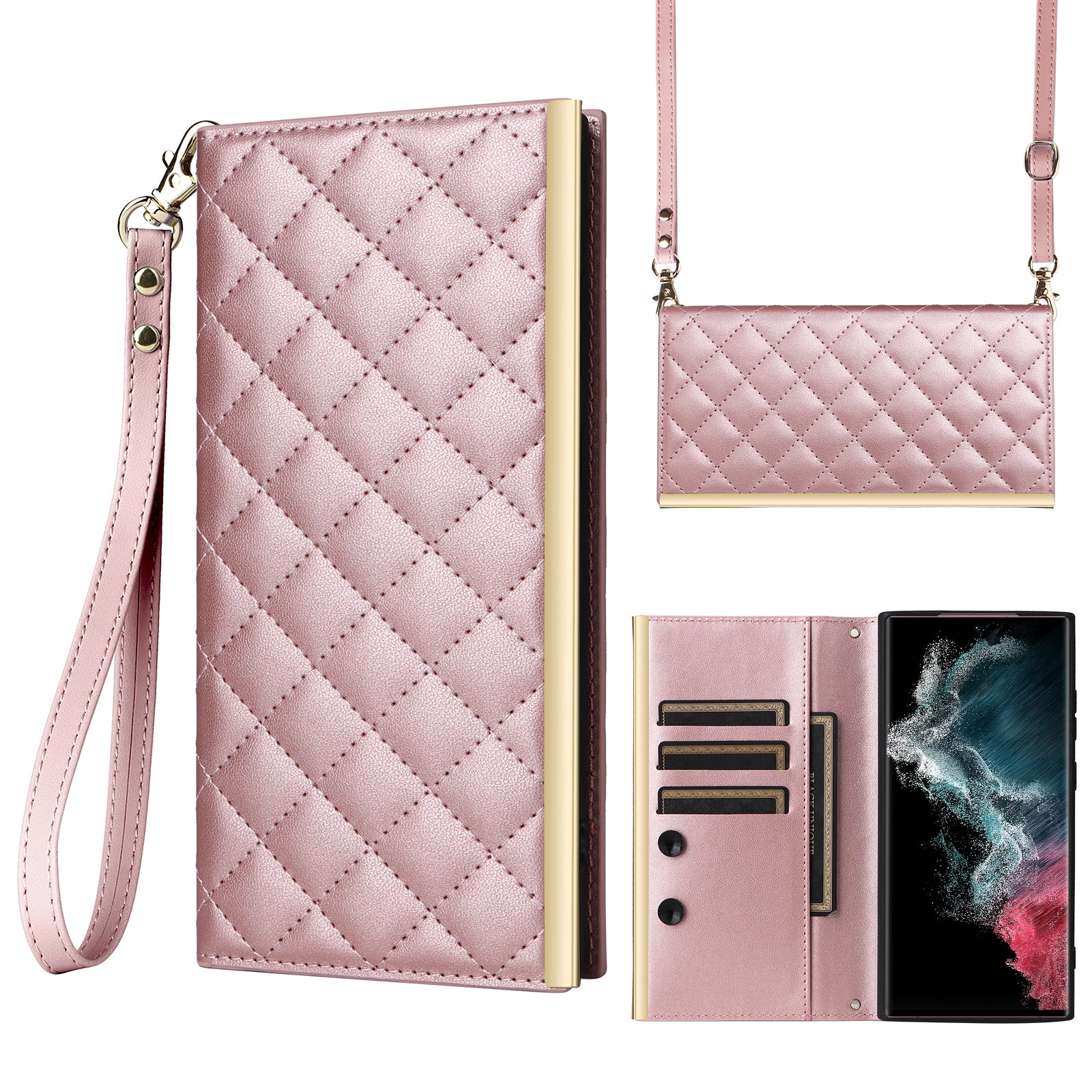 For Samsung Galaxy S22 Ultra 5G Wallet Case PU Leather Flip Phone Cover with Shoulder Strap