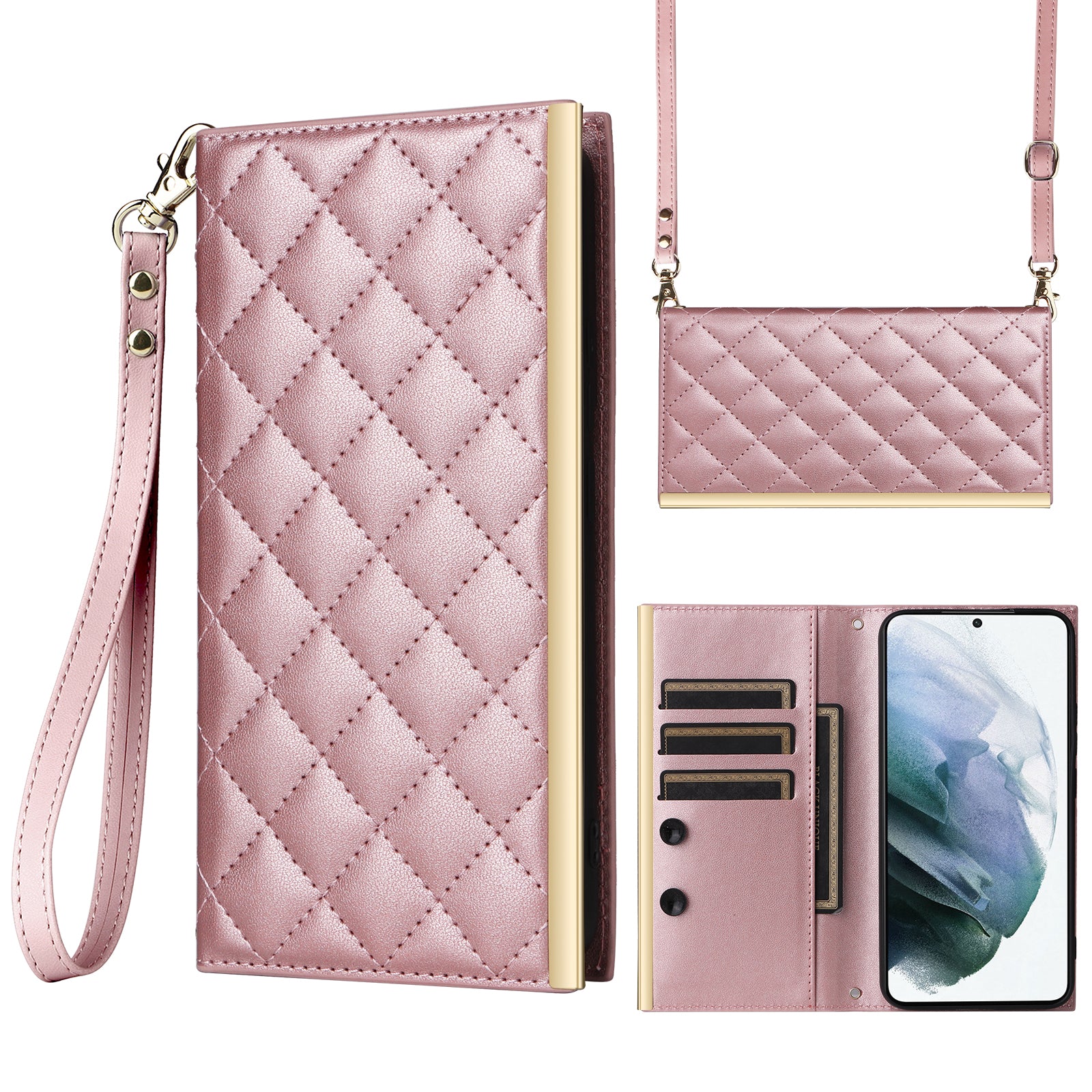 For Samsung Galaxy S21 5G / 4G Case PU Leather Stand Wallet Phone Cover with Shoulder Strap