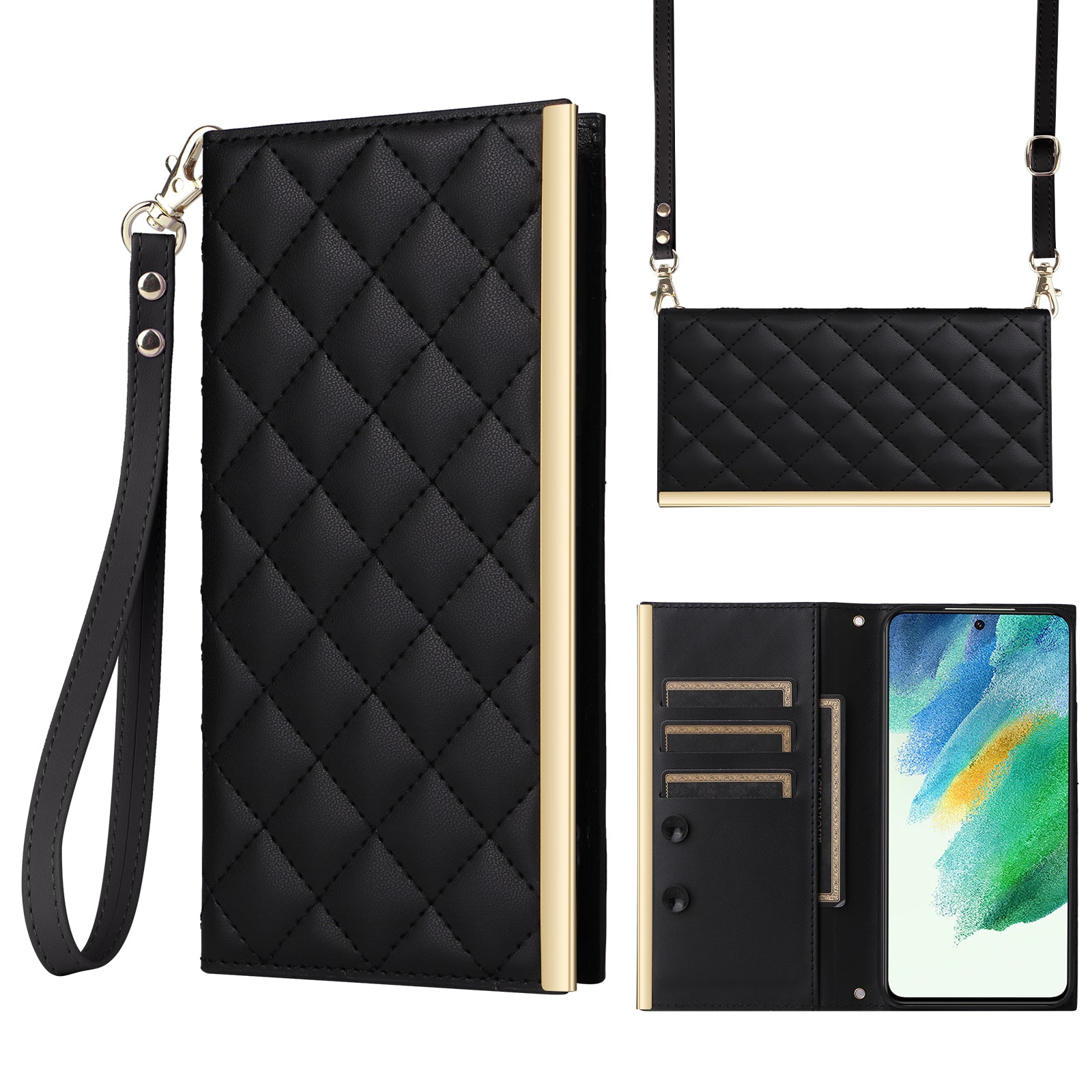 For Samsung Galaxy S21 FE 5G Leather Case Suction Cup 3 Card Slots Phone Cover
