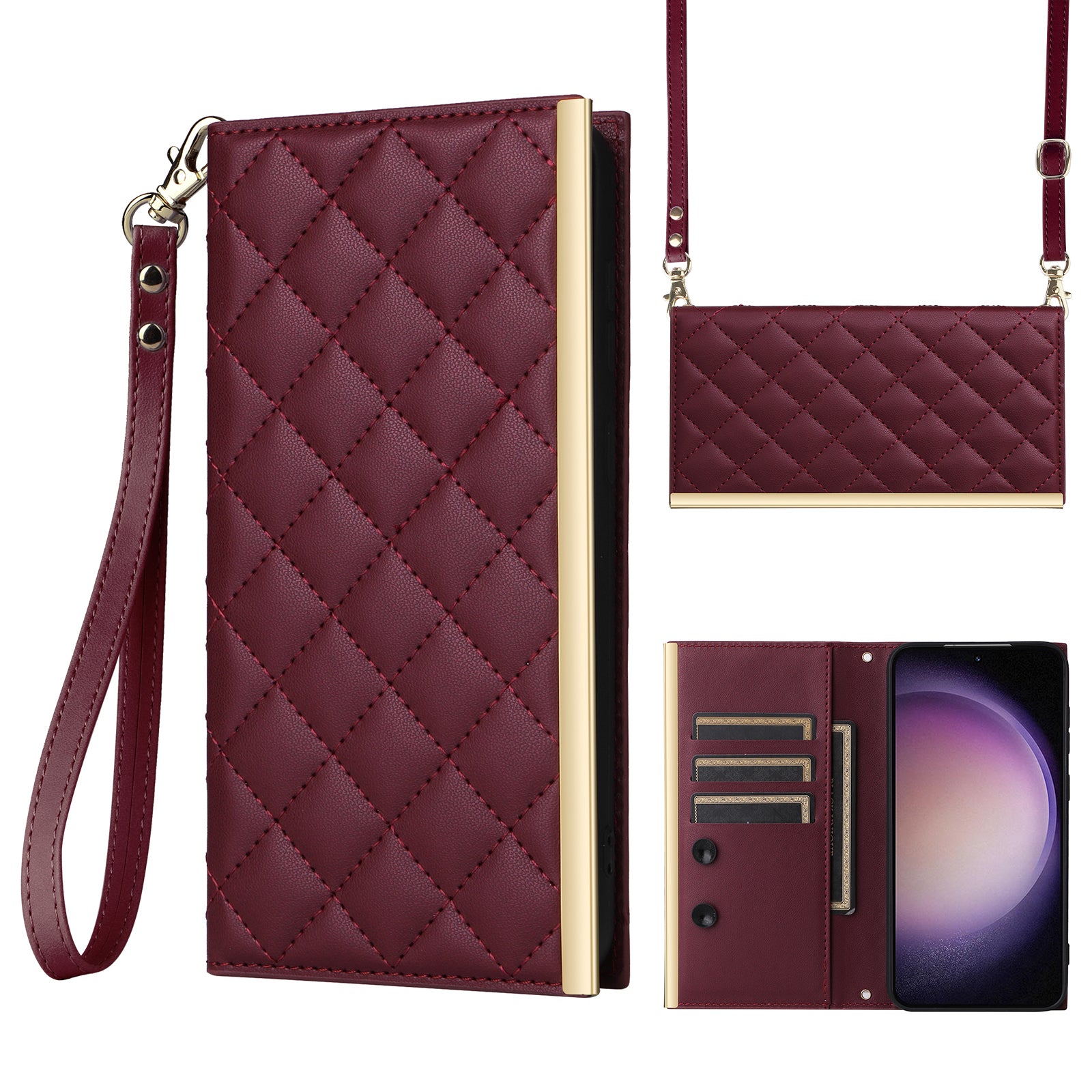 For Samsung Galaxy S23 Leather Case Suction Cup Wallet Flip Phone Cover with Shoulder Strap