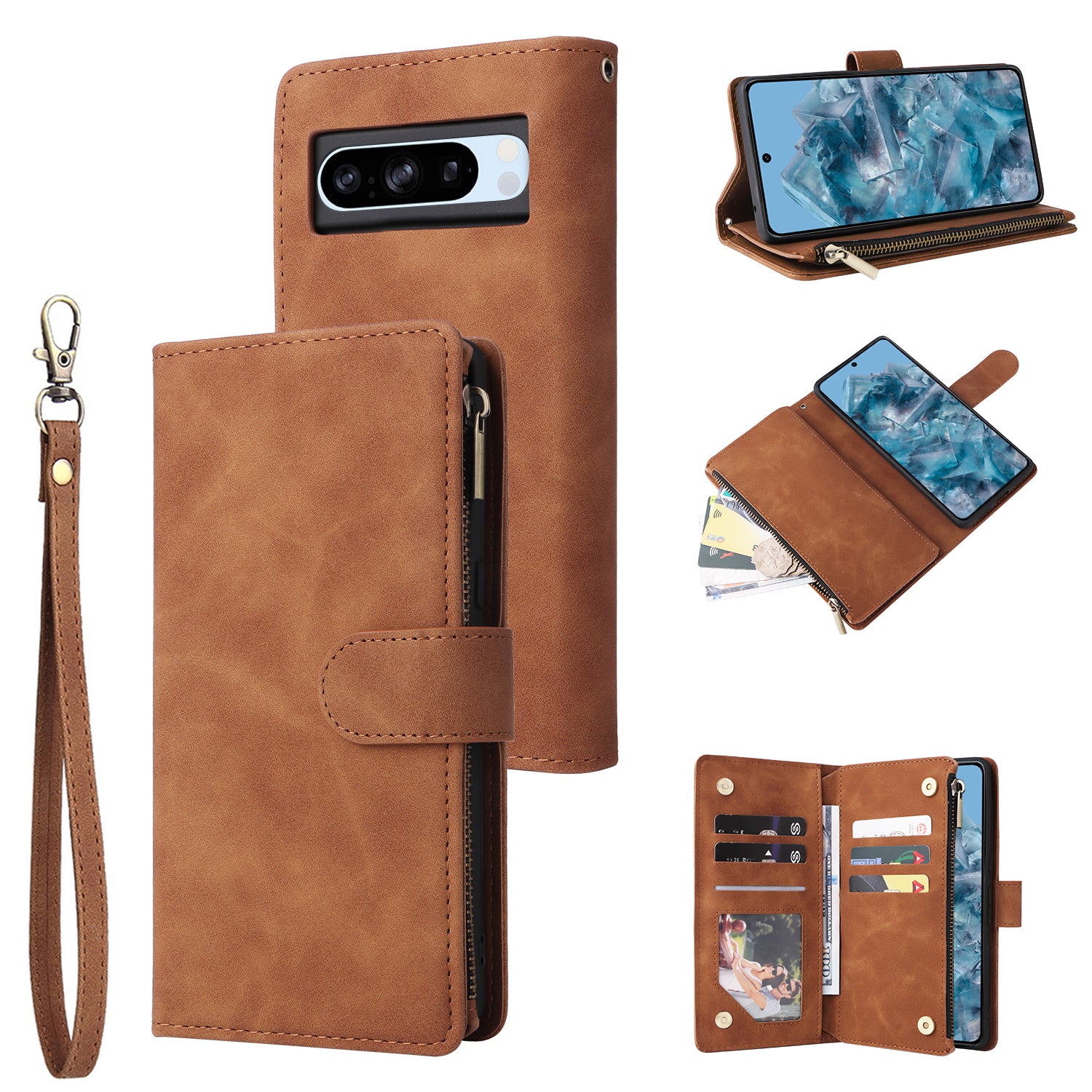 For Google Pixel 8a Cell Phone Case Zipper Wallet Card Holder Leather Drop-proof Cover