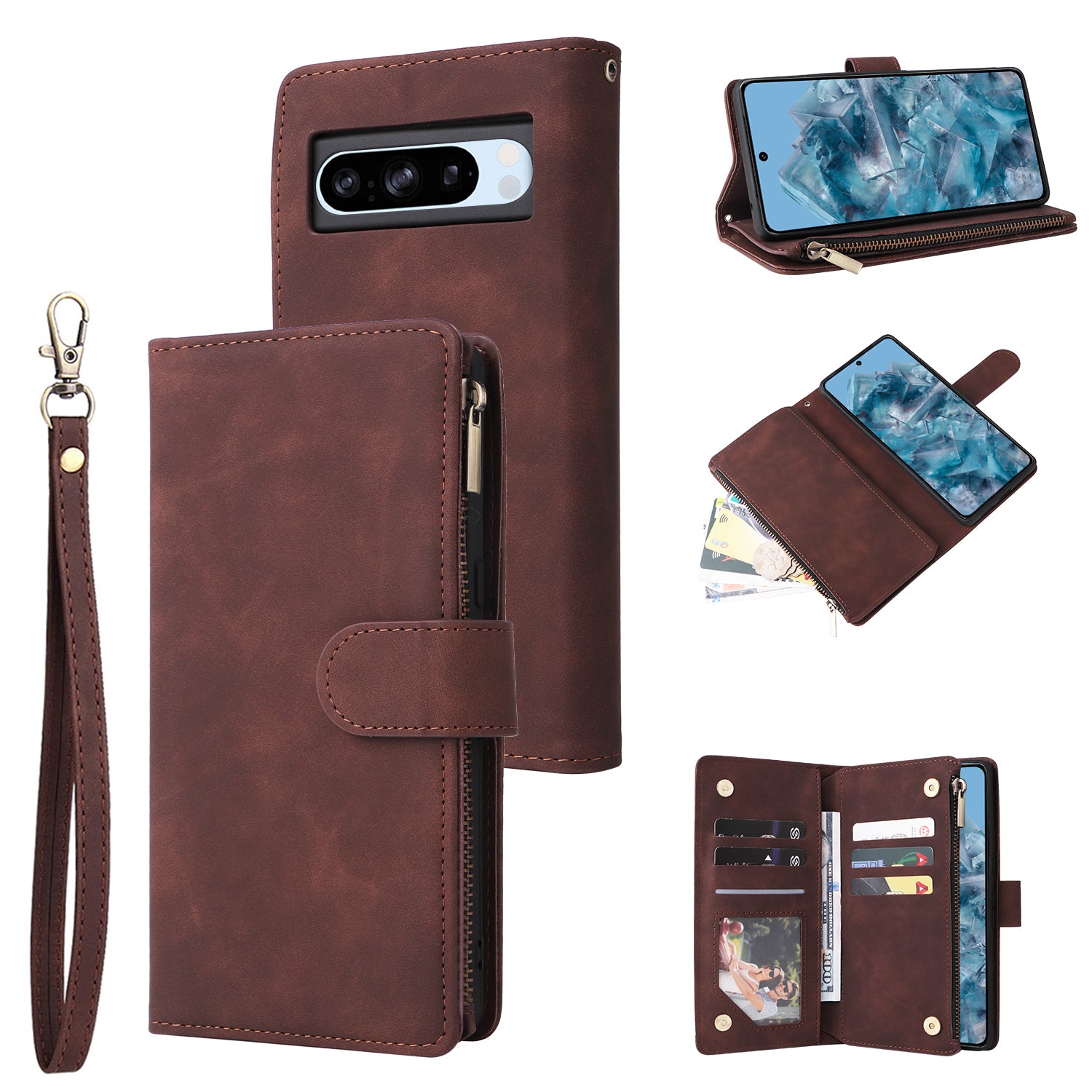 For Google Pixel 8a Cell Phone Case Zipper Wallet Card Holder Leather Drop-proof Cover