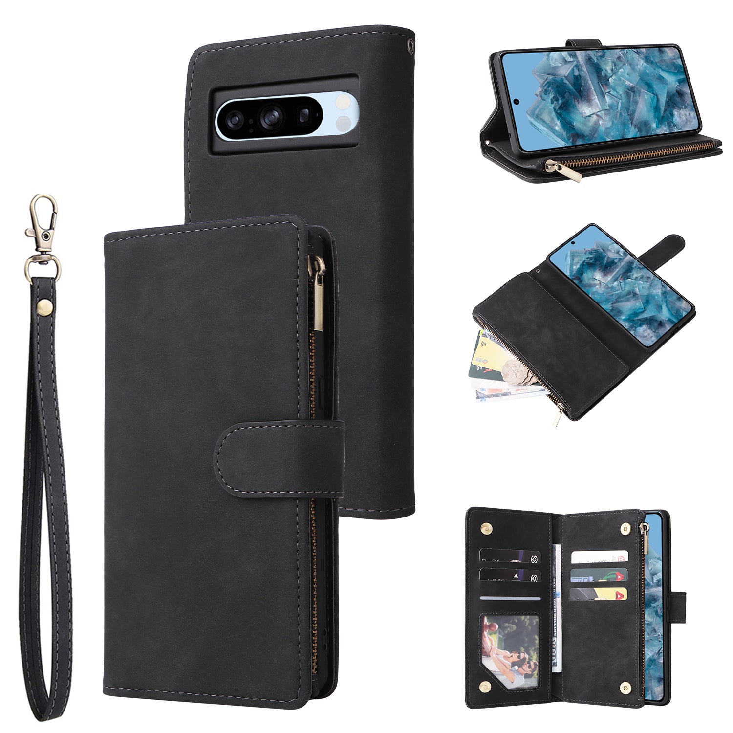 For Google Pixel 8a Cell Phone Case Zipper Wallet Card Holder Leather Drop-proof Cover
