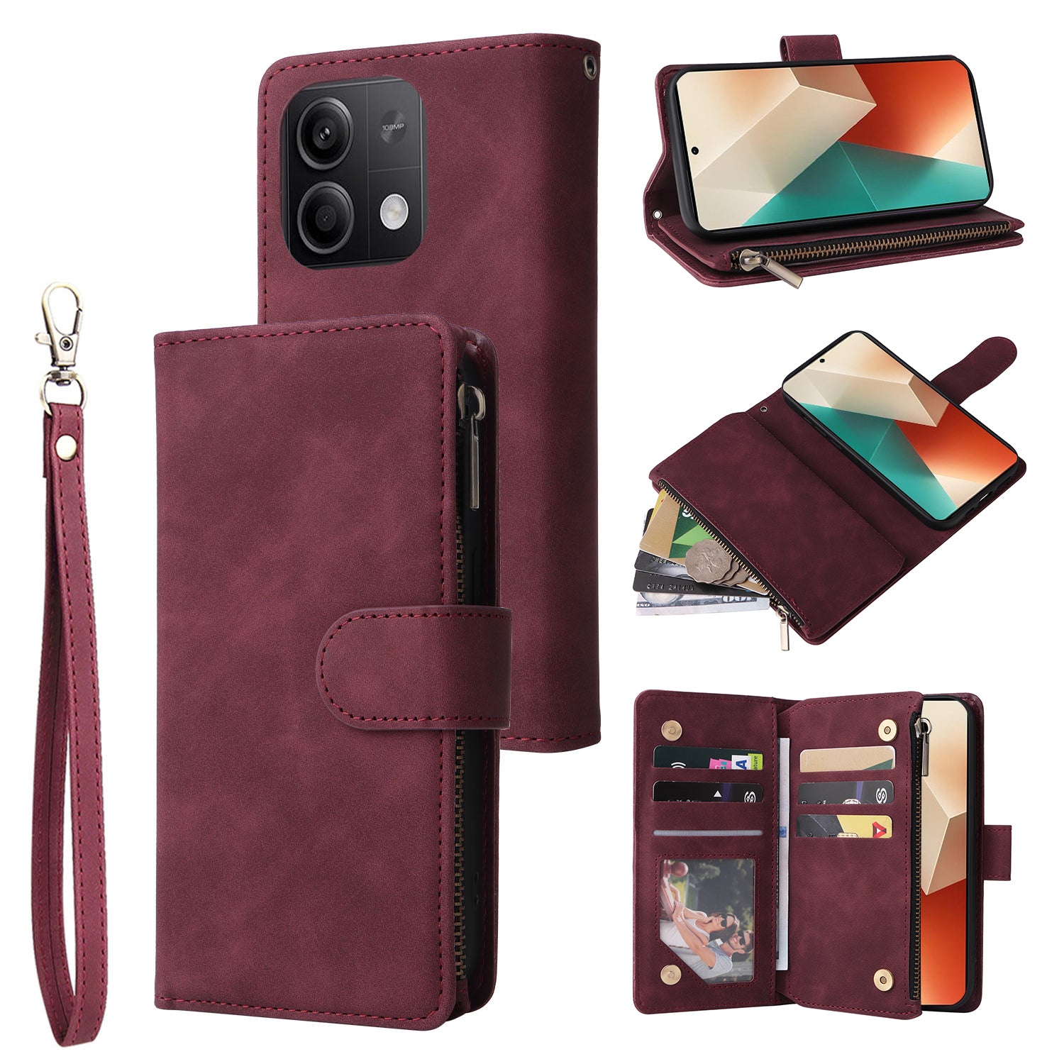 For Xiaomi Redmi Note 13 5G Case Leather Phone Protective Cover Zipper Wallet Card Holder