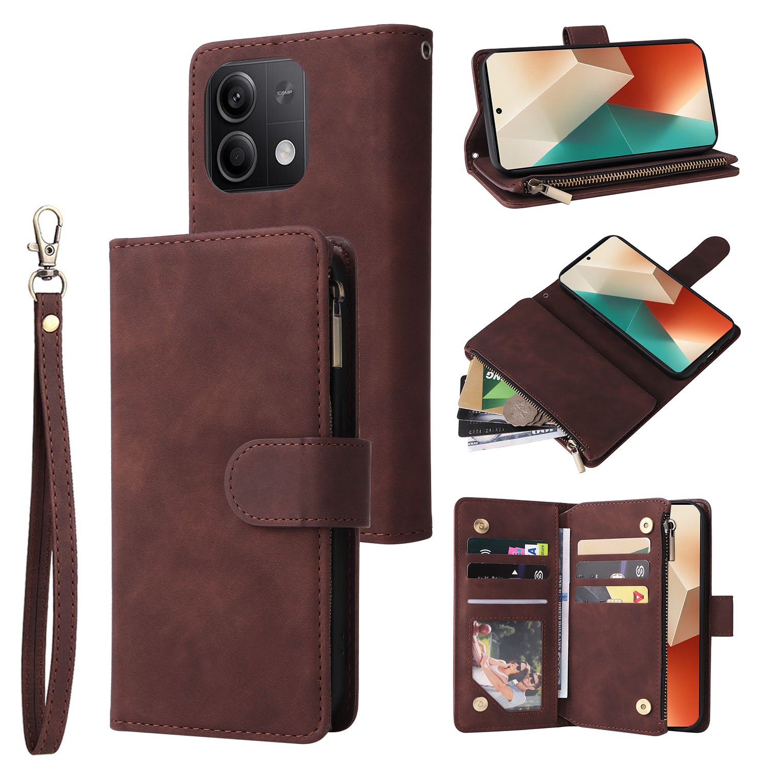 For Xiaomi Redmi Note 13 5G Case Leather Phone Protective Cover Zipper Wallet Card Holder