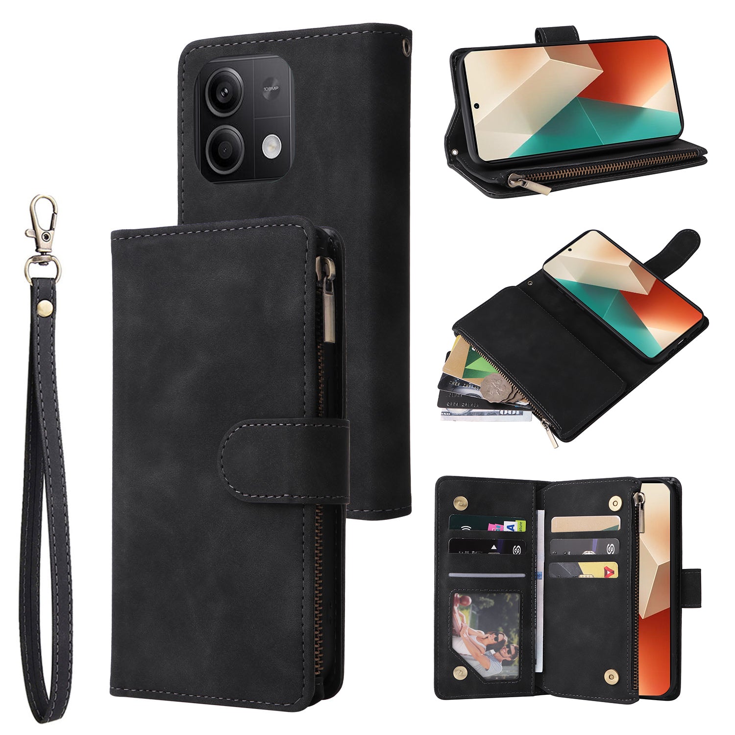 For Xiaomi Redmi Note 13 5G Case Leather Phone Protective Cover Zipper Wallet Card Holder