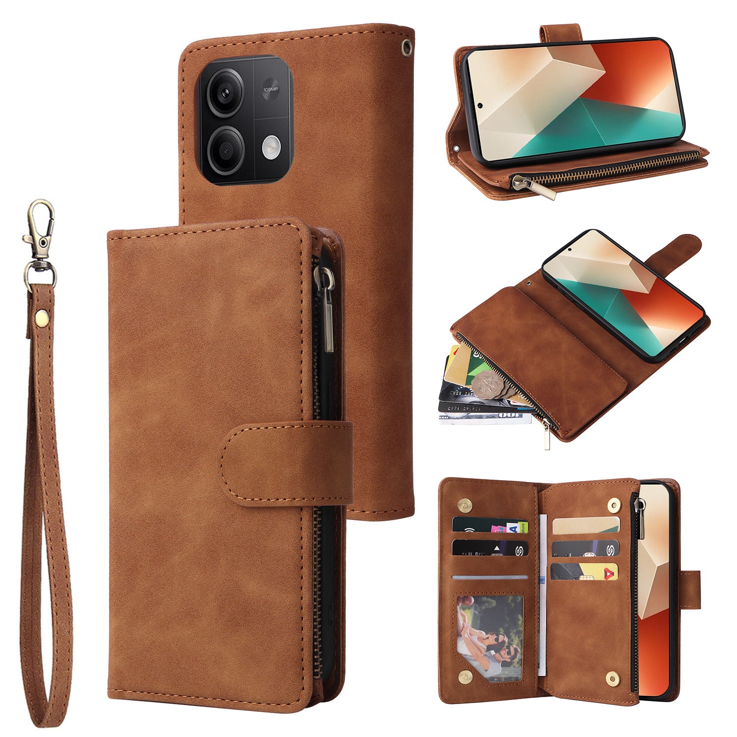 For Xiaomi Redmi Note 13 5G Case Leather Phone Protective Cover Zipper Wallet Card Holder