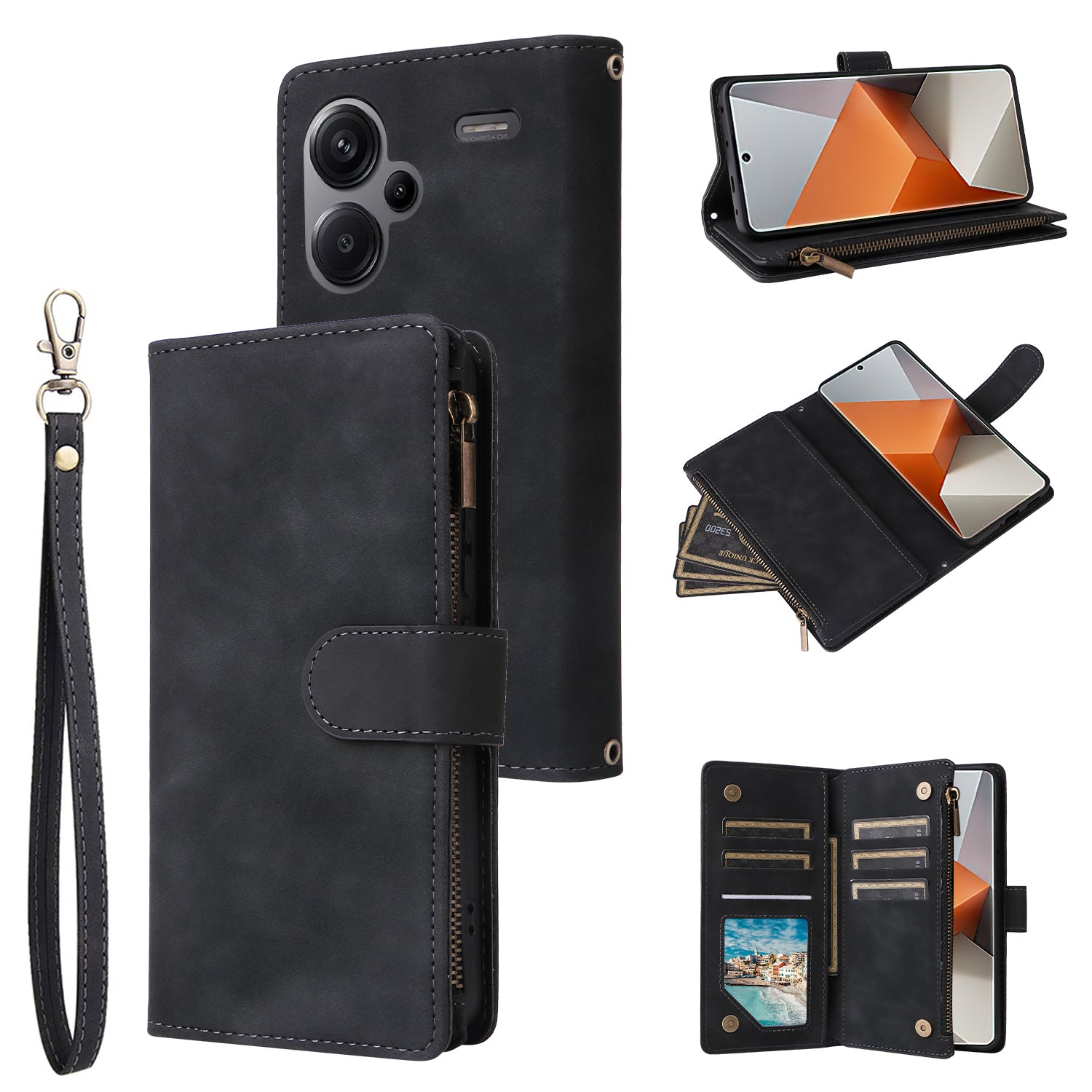 For Xiaomi Redmi Note 13 Pro+ 5G Zipper Pocket Phone Case PU Leather Protection Stand Cover