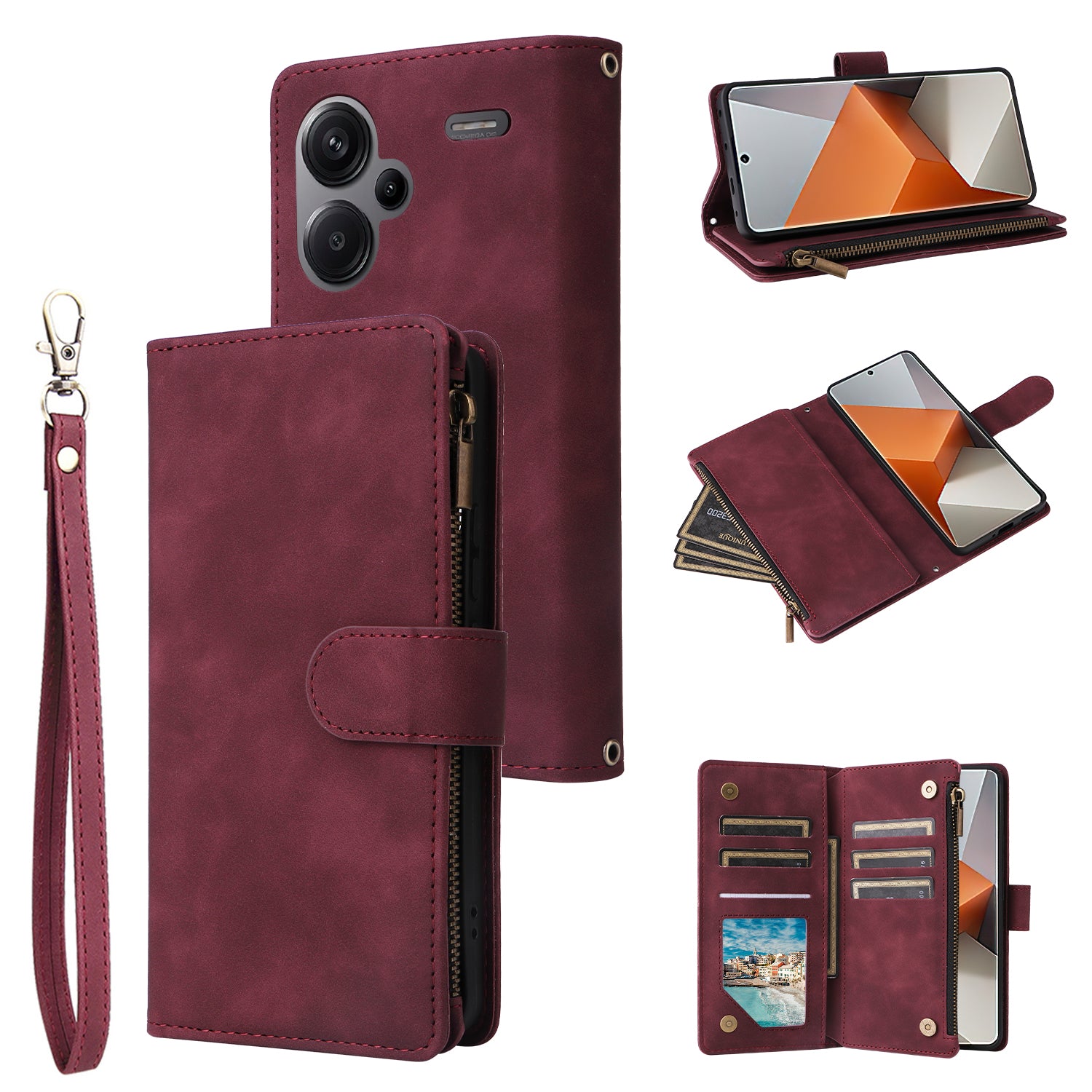 For Xiaomi Redmi Note 13 Pro+ 5G Zipper Pocket Phone Case PU Leather Protection Stand Cover