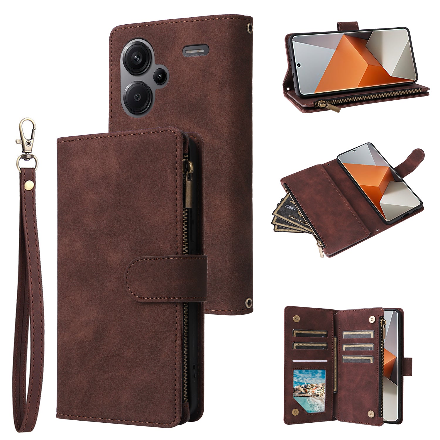 For Xiaomi Redmi Note 13 Pro+ 5G Zipper Pocket Phone Case PU Leather Protection Stand Cover