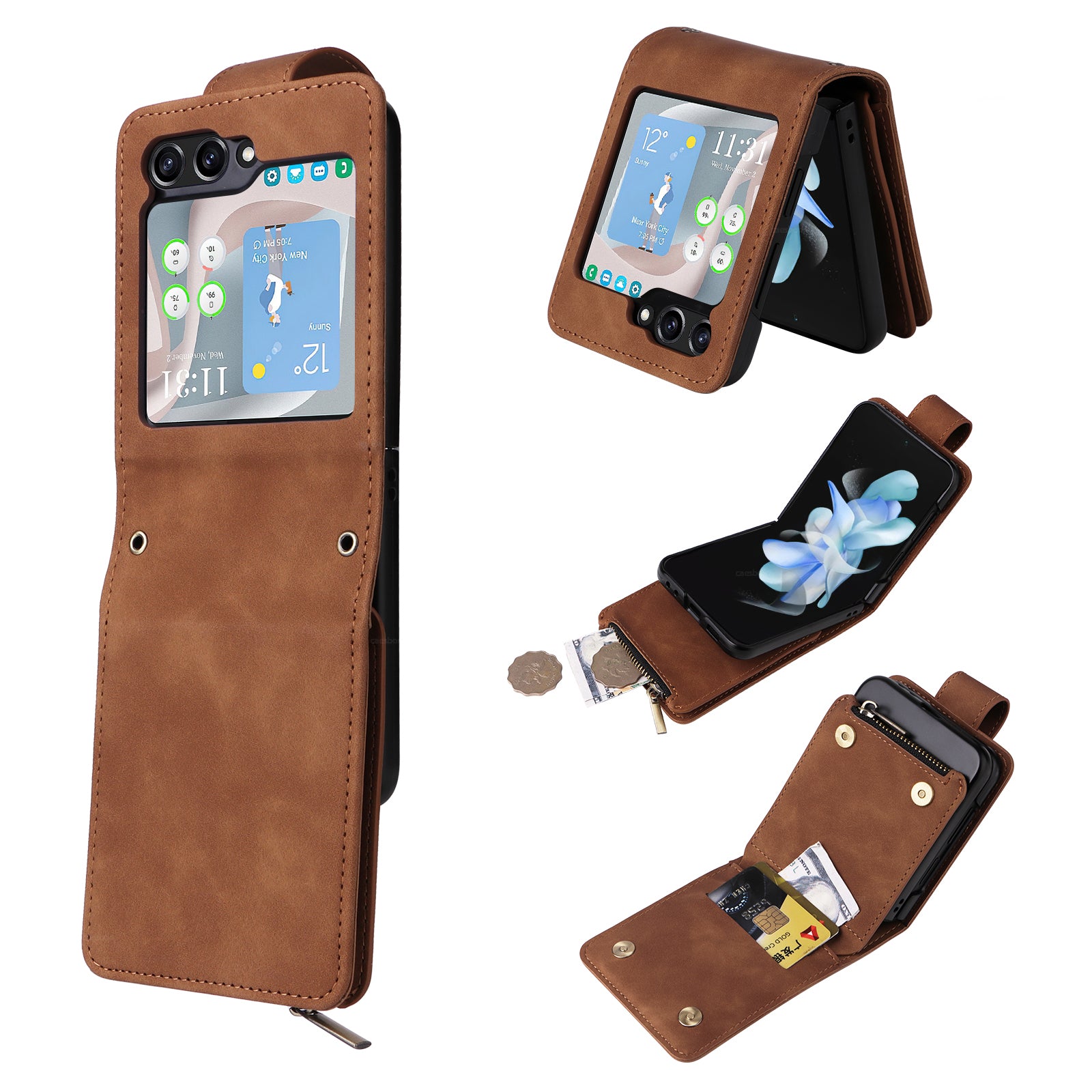 For Samsung Galaxy Z Flip5 5G Cell Phone Case Zipper Wallet Leather Cover with Long and Short Straps