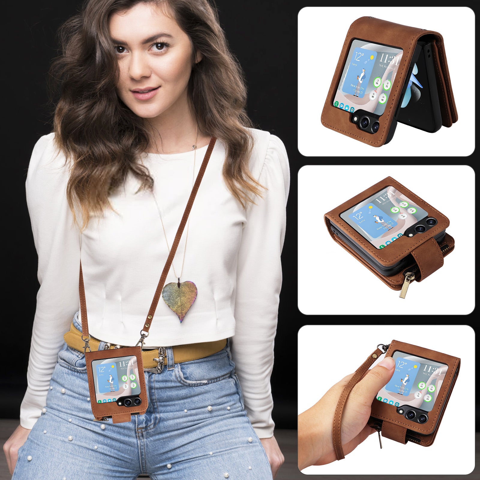 For Samsung Galaxy Z Flip5 5G Cell Phone Case Zipper Wallet Leather Cover with Long and Short Straps