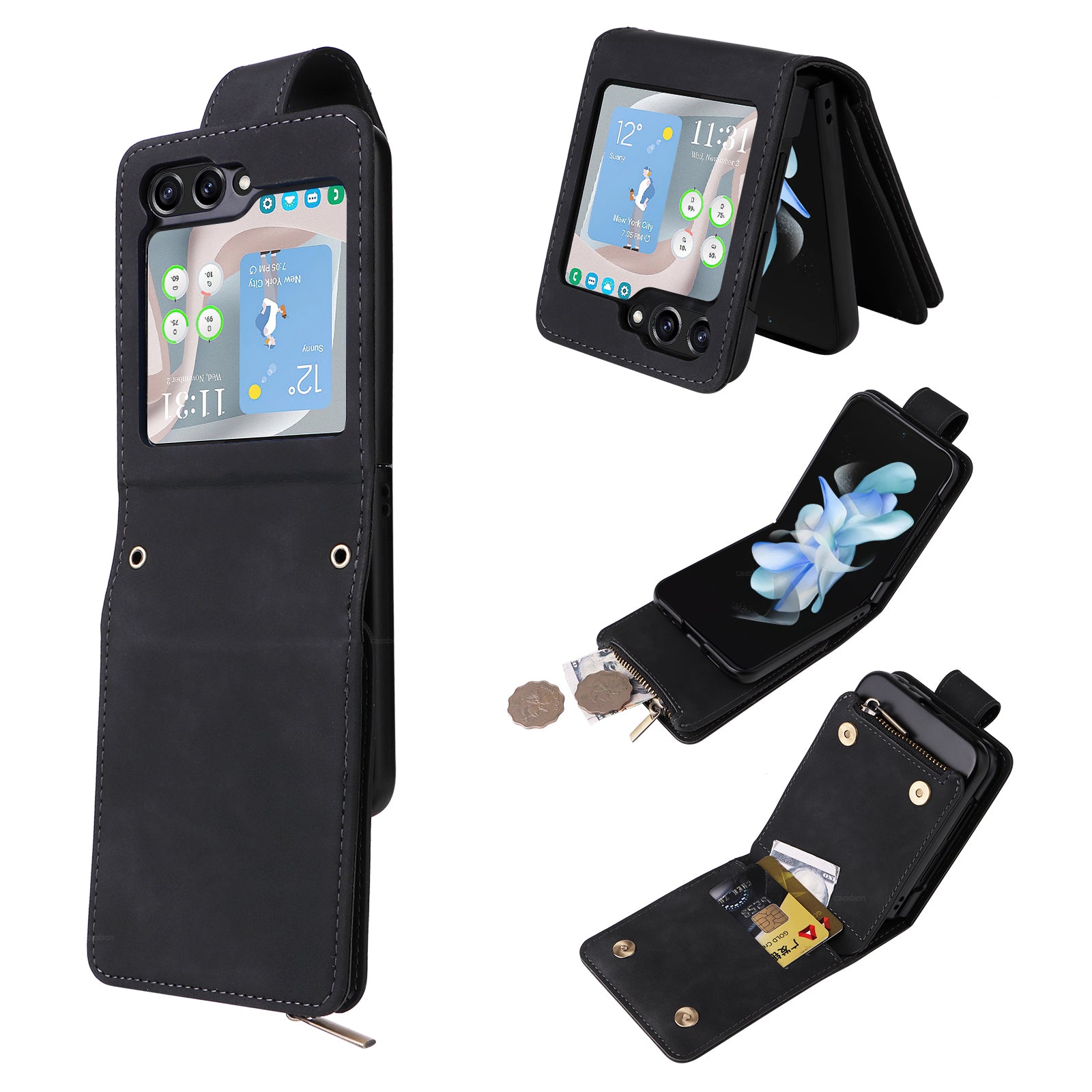 For Samsung Galaxy Z Flip5 5G Cell Phone Case Zipper Wallet Leather Cover with Long and Short Straps