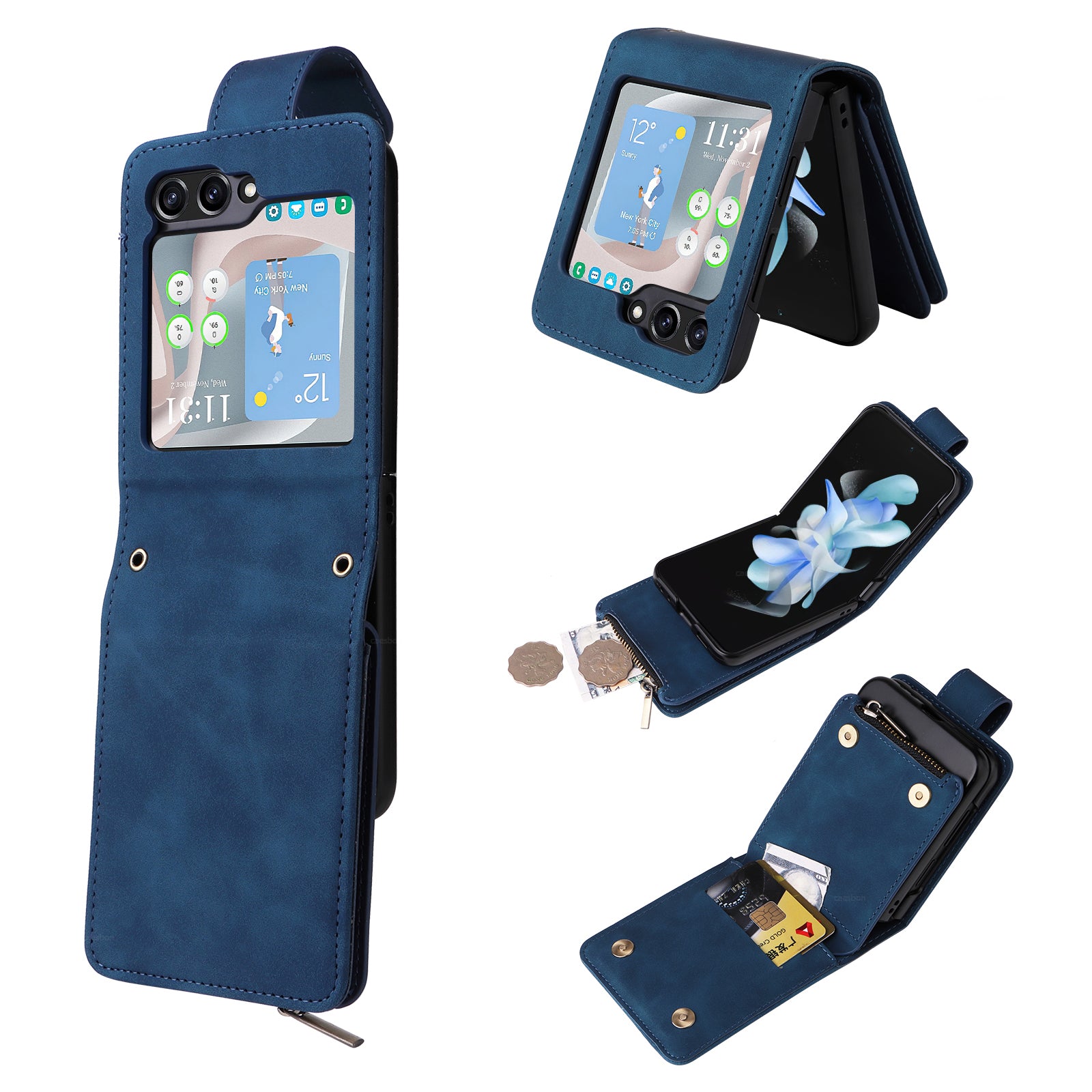 For Samsung Galaxy Z Flip5 5G Cell Phone Case Zipper Wallet Leather Cover with Long and Short Straps