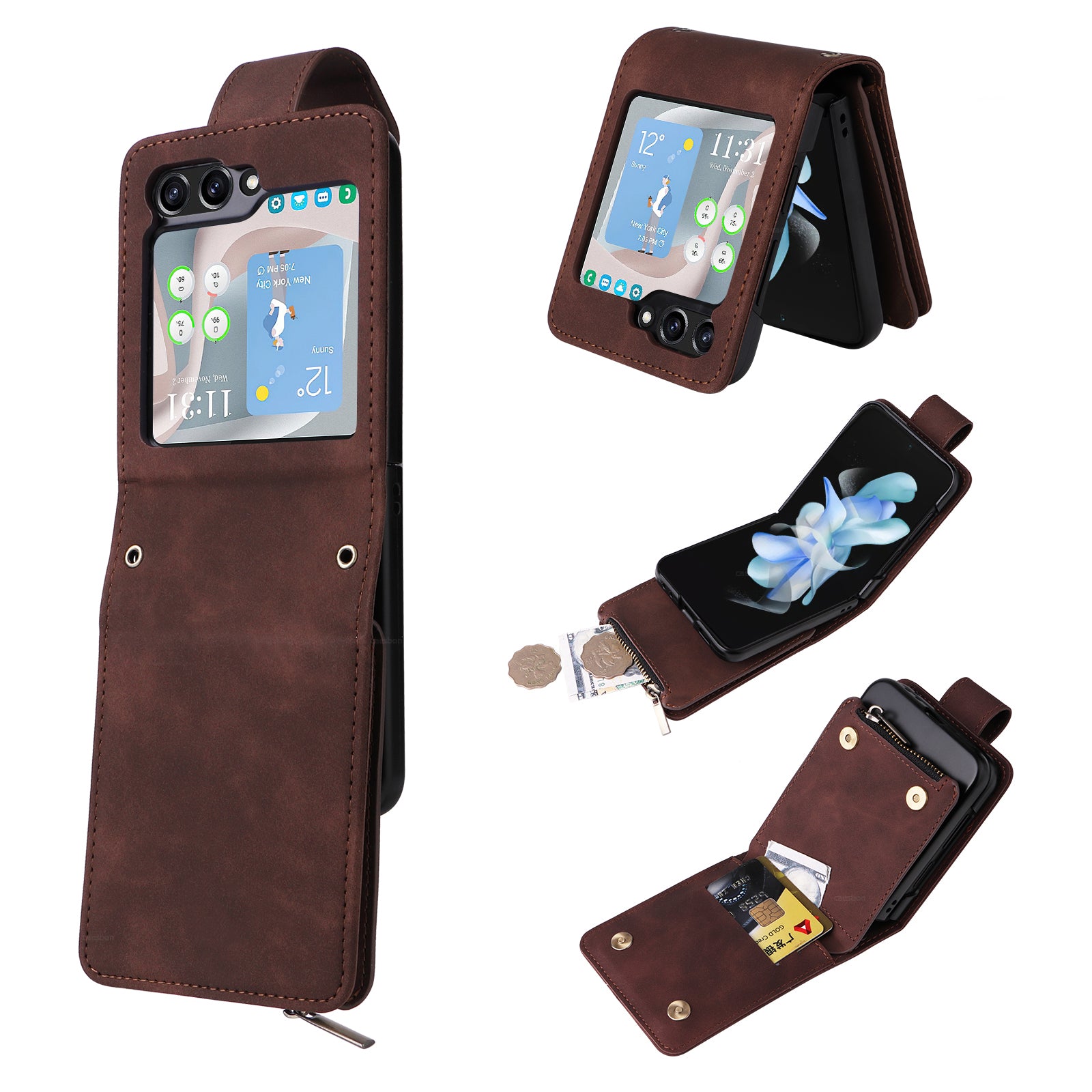 For Samsung Galaxy Z Flip5 5G Cell Phone Case Zipper Wallet Leather Cover with Long and Short Straps