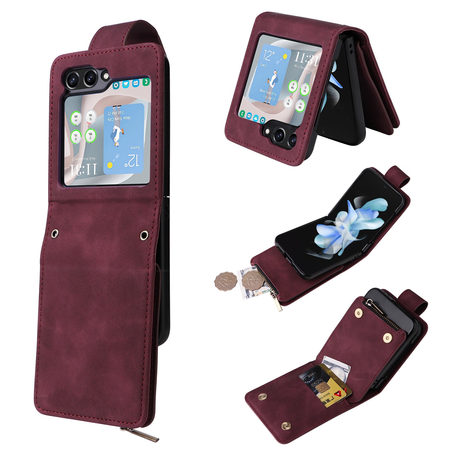 For Samsung Galaxy Z Flip5 5G Cell Phone Case Zipper Wallet Leather Cover with Long and Short Straps