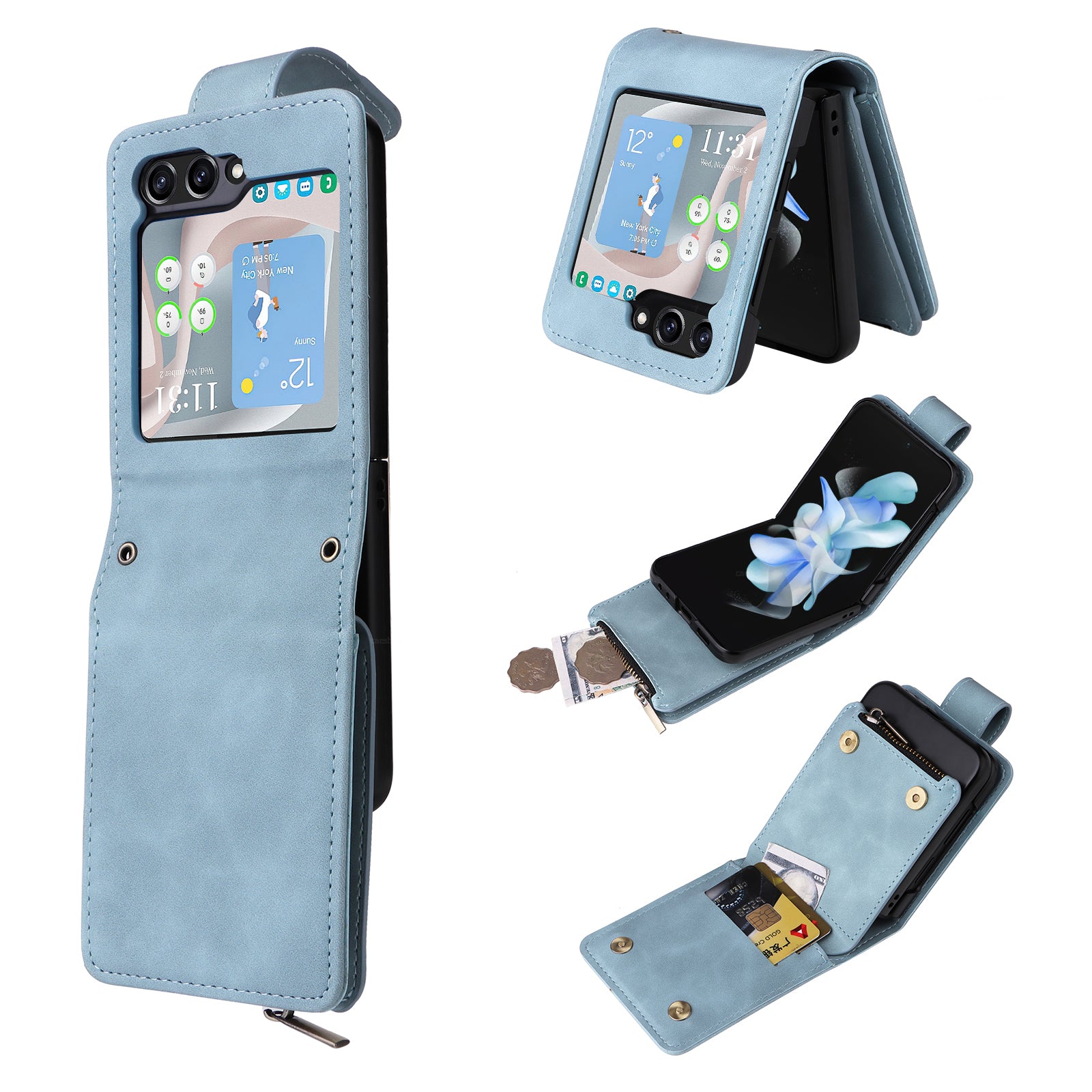 For Samsung Galaxy Z Flip5 5G Cell Phone Case Zipper Wallet Leather Cover with Long and Short Straps