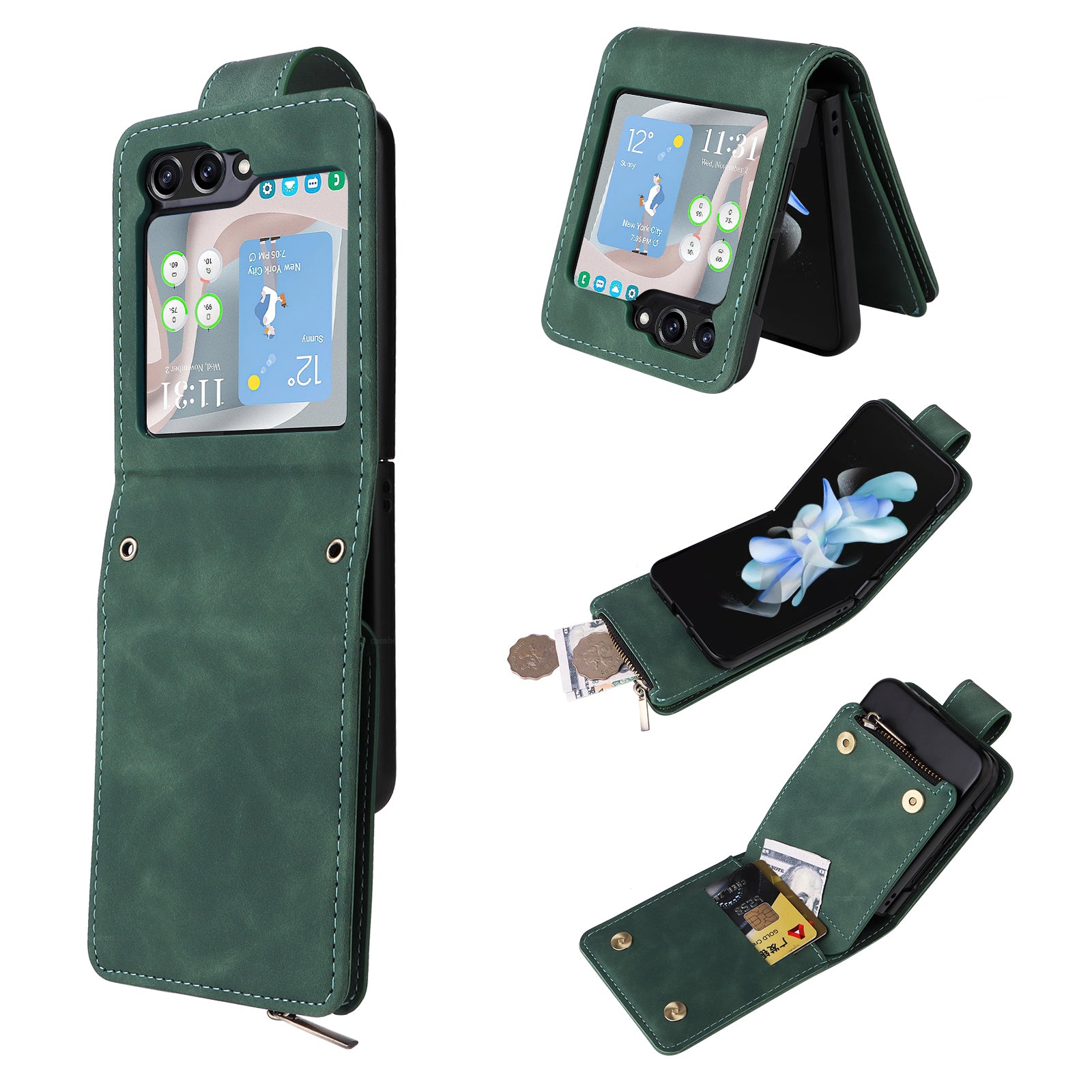 For Samsung Galaxy Z Flip5 5G Cell Phone Case Zipper Wallet Leather Cover with Long and Short Straps