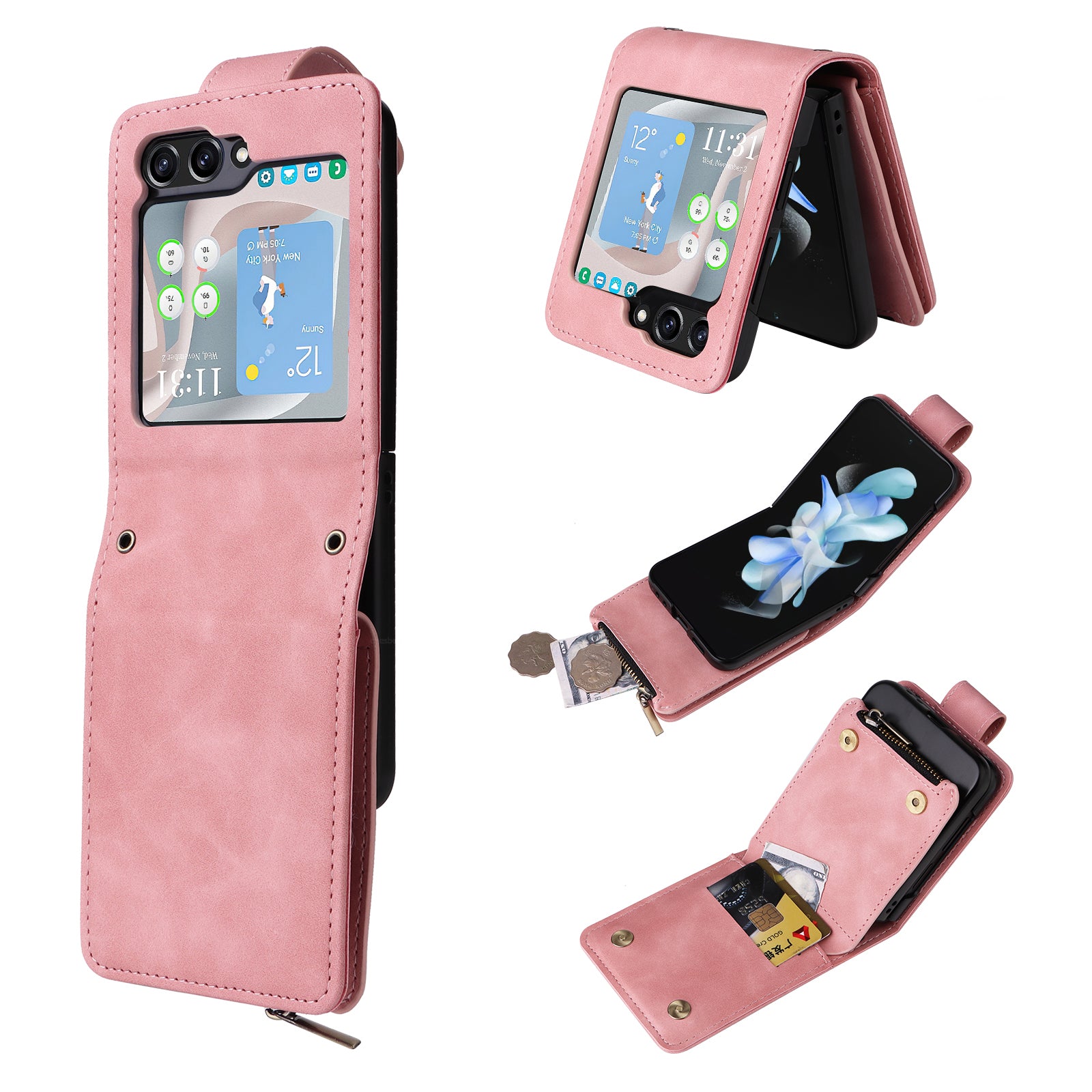 For Samsung Galaxy Z Flip5 5G Cell Phone Case Zipper Wallet Leather Cover with Long and Short Straps