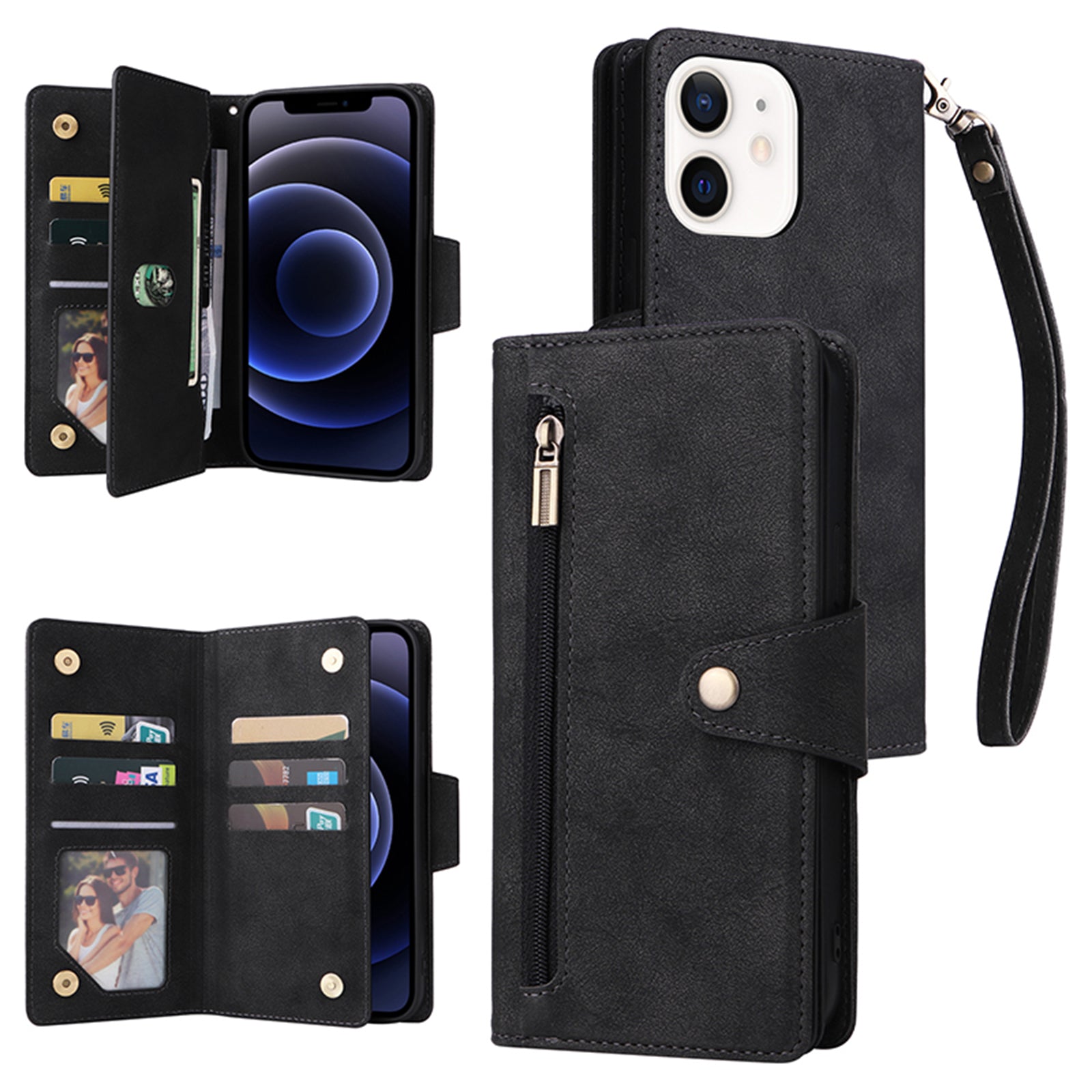 For iPhone 12 6.1 inch Case PU Leather Rivet Decor 9 Card Slots Phone Cover