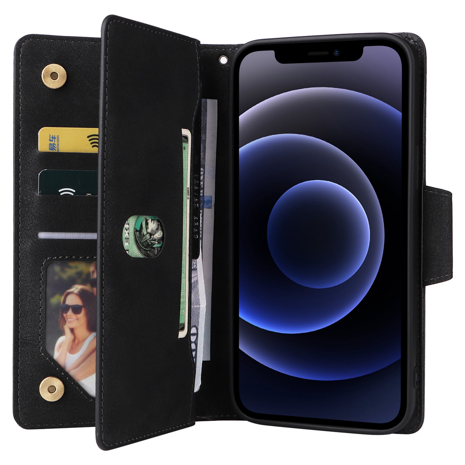 For iPhone 12 6.1 inch Case PU Leather Rivet Decor 9 Card Slots Phone Cover