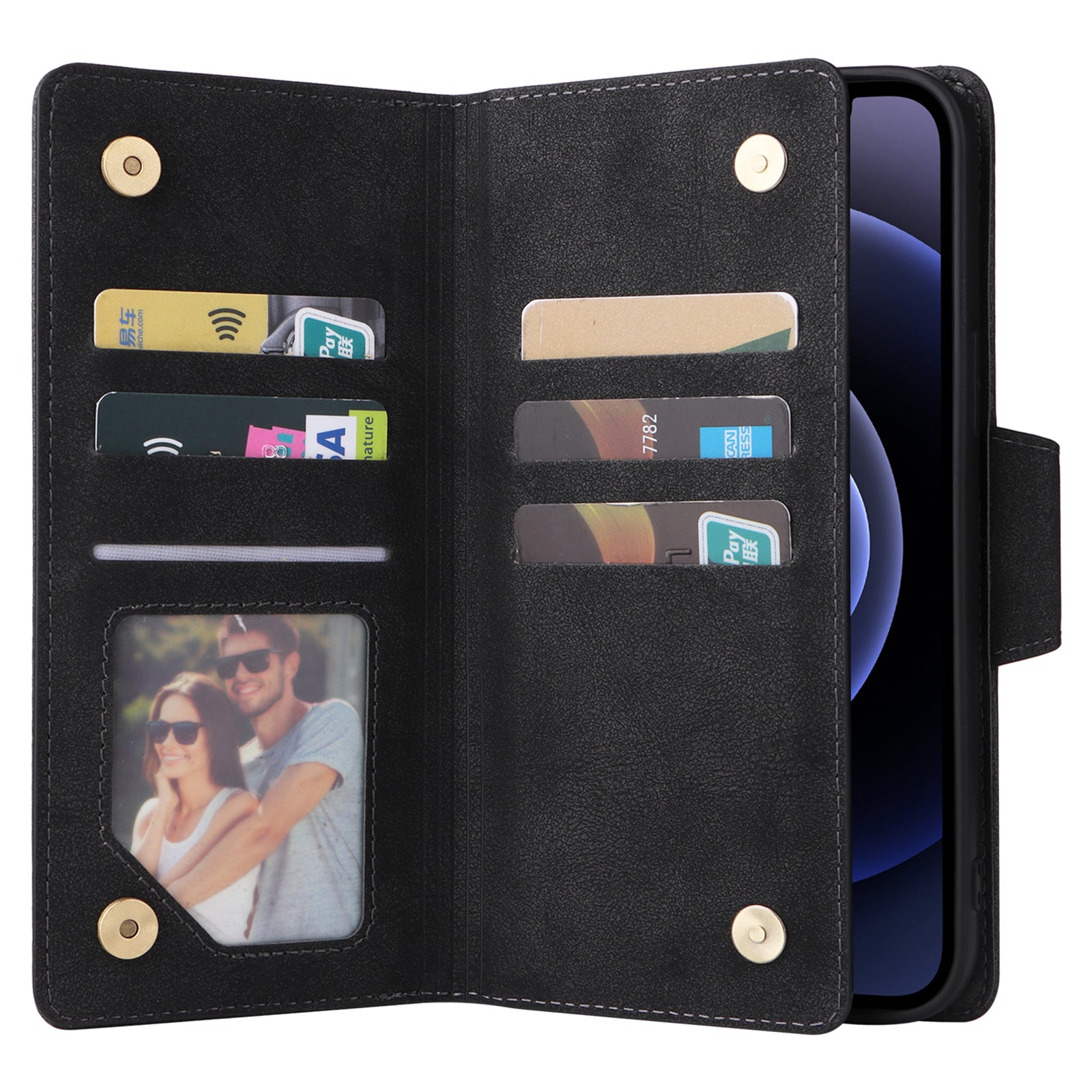 For iPhone 12 6.1 inch Case PU Leather Rivet Decor 9 Card Slots Phone Cover