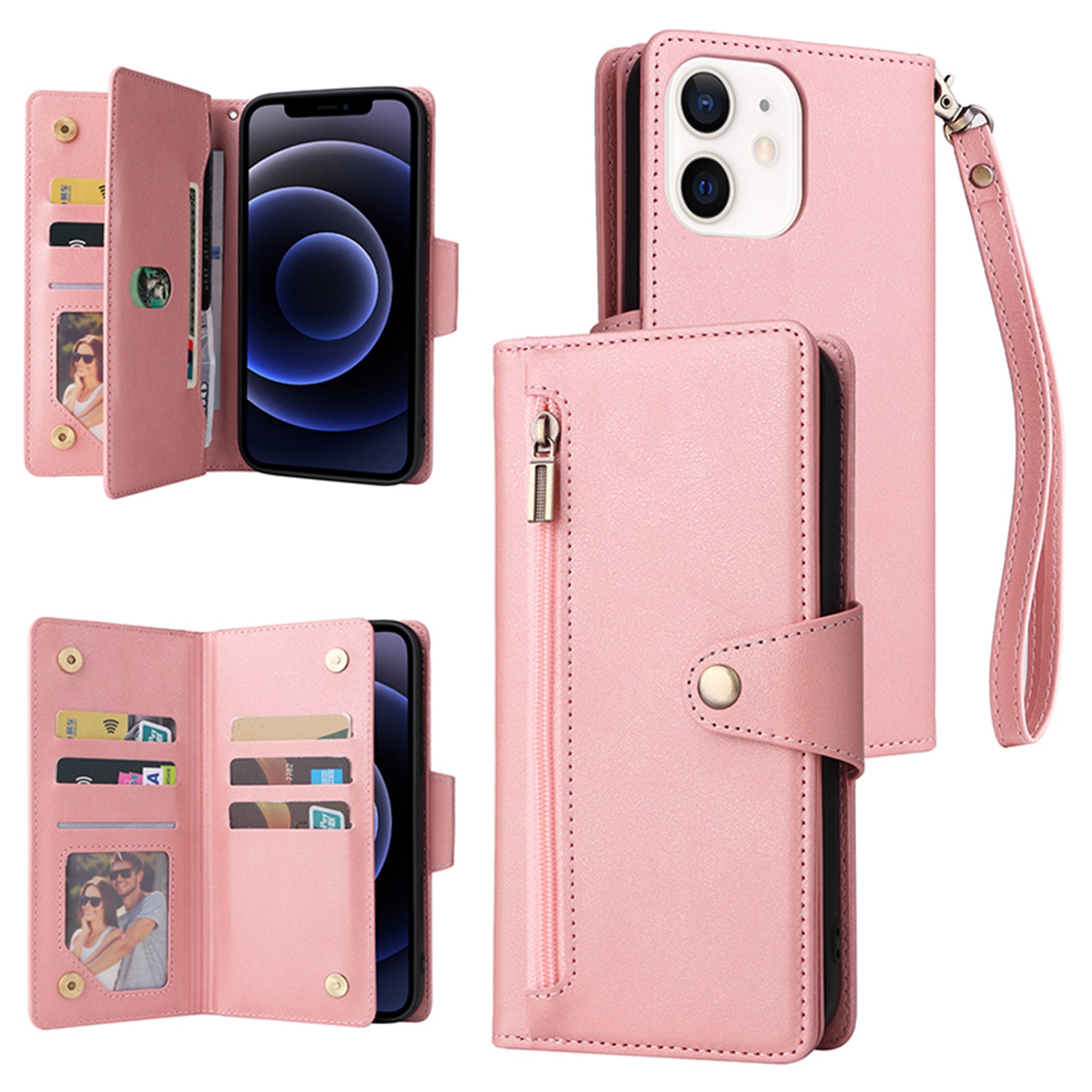 For iPhone 12 6.1 inch Case PU Leather Rivet Decor 9 Card Slots Phone Cover