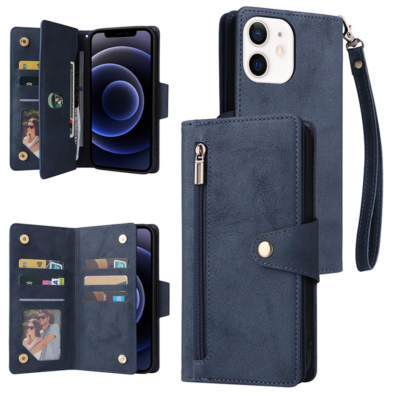 For iPhone 12 6.1 inch Case PU Leather Rivet Decor 9 Card Slots Phone Cover