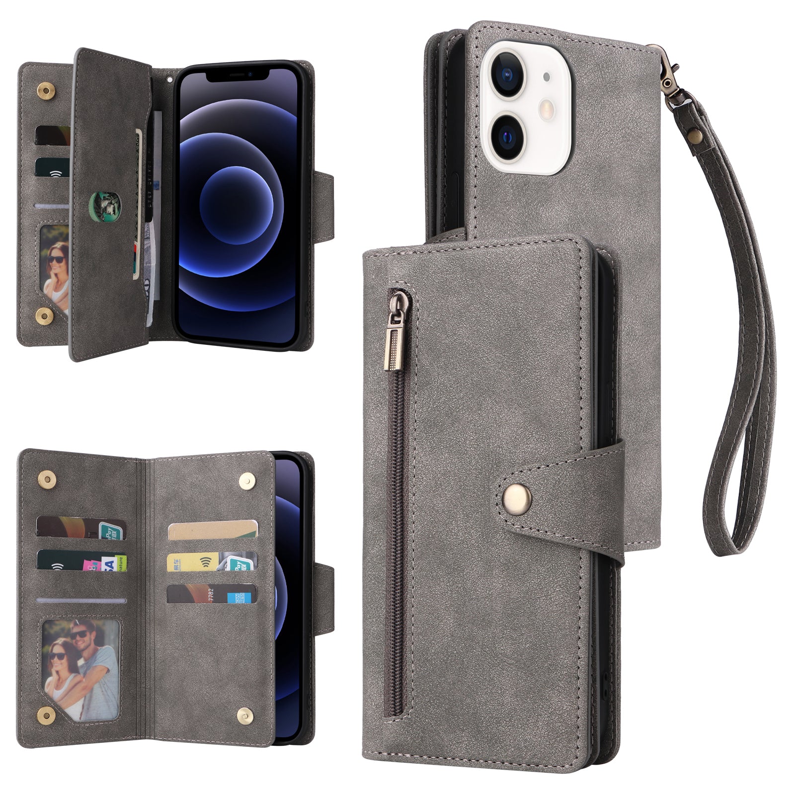 For iPhone 12 6.1 inch Case PU Leather Rivet Decor 9 Card Slots Phone Cover