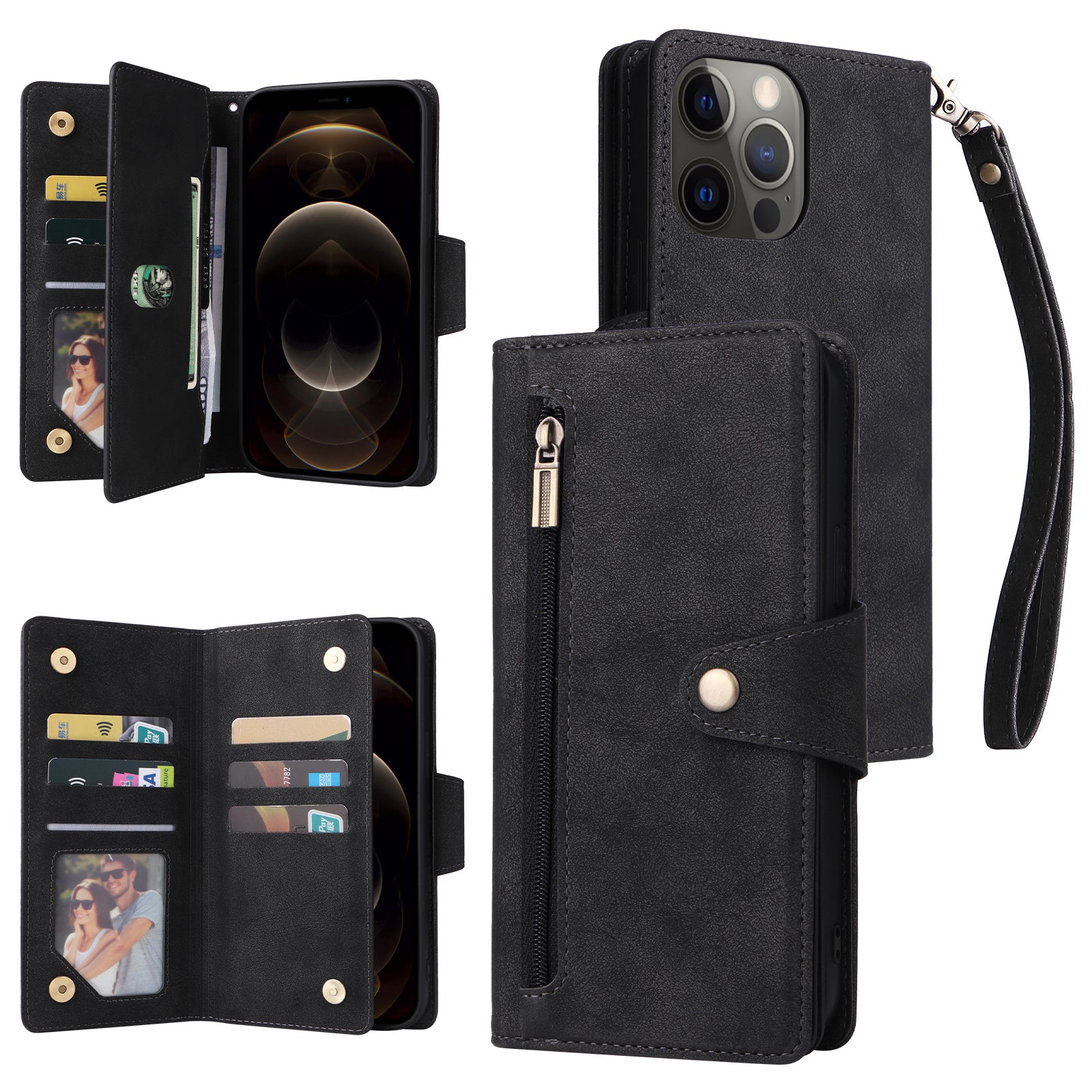 For iPhone 12 Pro Max Case Rivet Decor PU Leather Wallet Flip Phone Cover