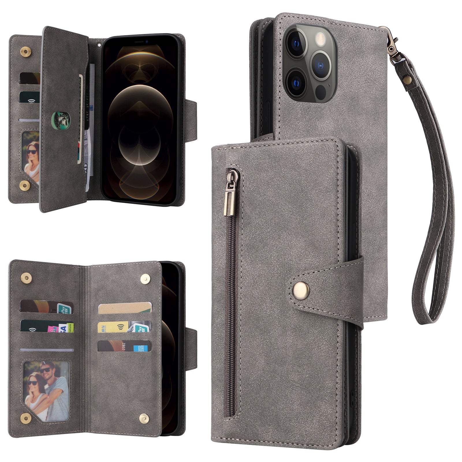 For iPhone 12 Pro Max Case Rivet Decor PU Leather Wallet Flip Phone Cover
