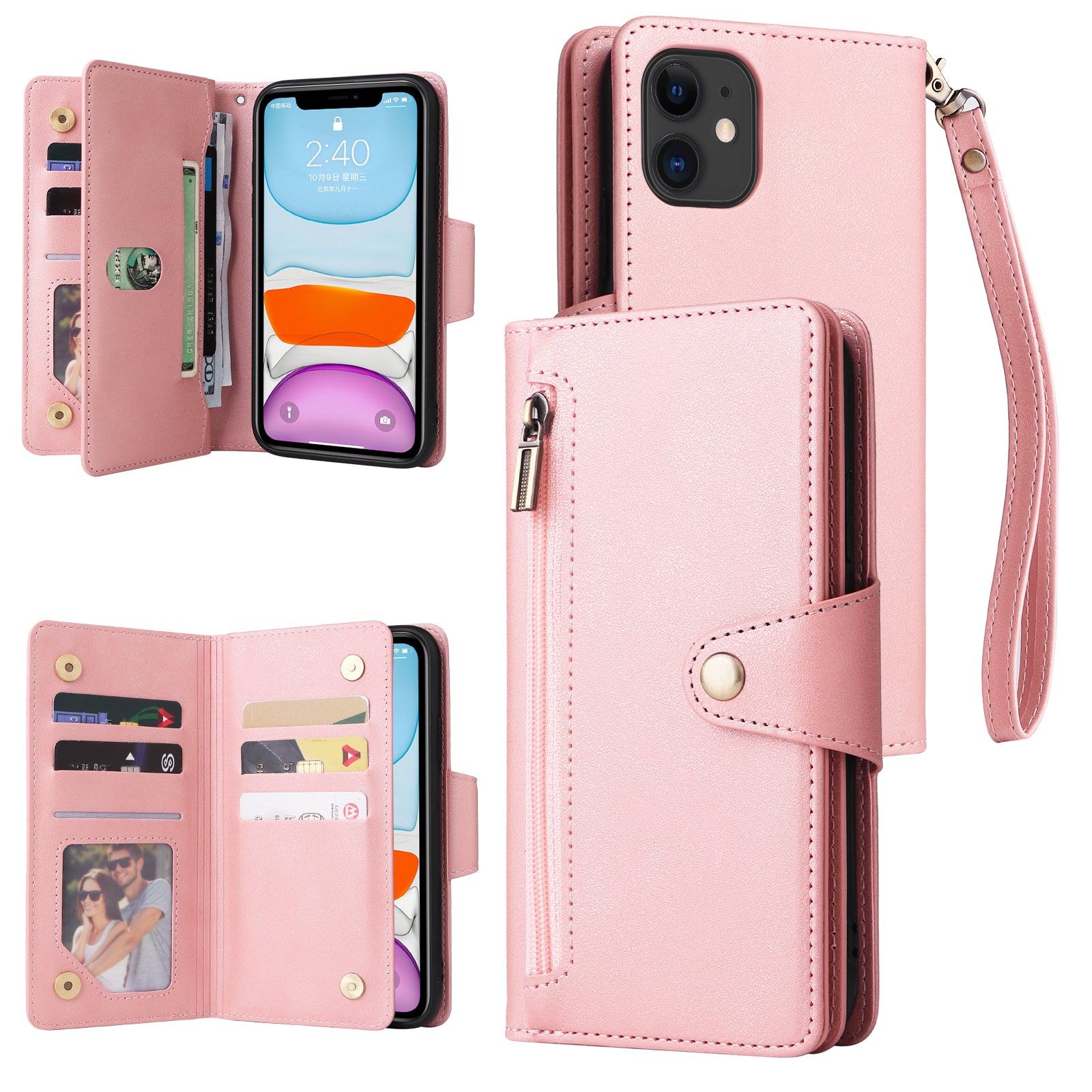 For iPhone 11 Case PU Leather Stand Phone Cover with Rivet Decor