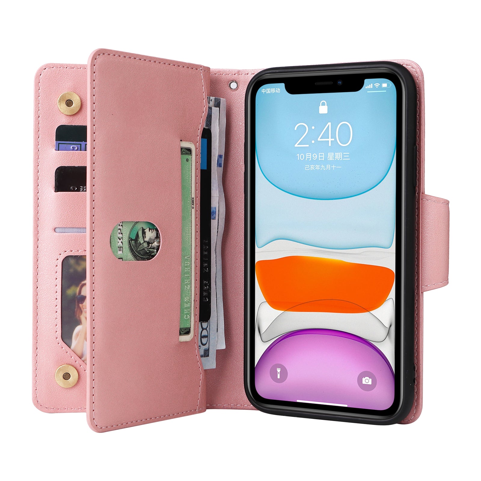 For iPhone 11 Case PU Leather Stand Phone Cover with Rivet Decor