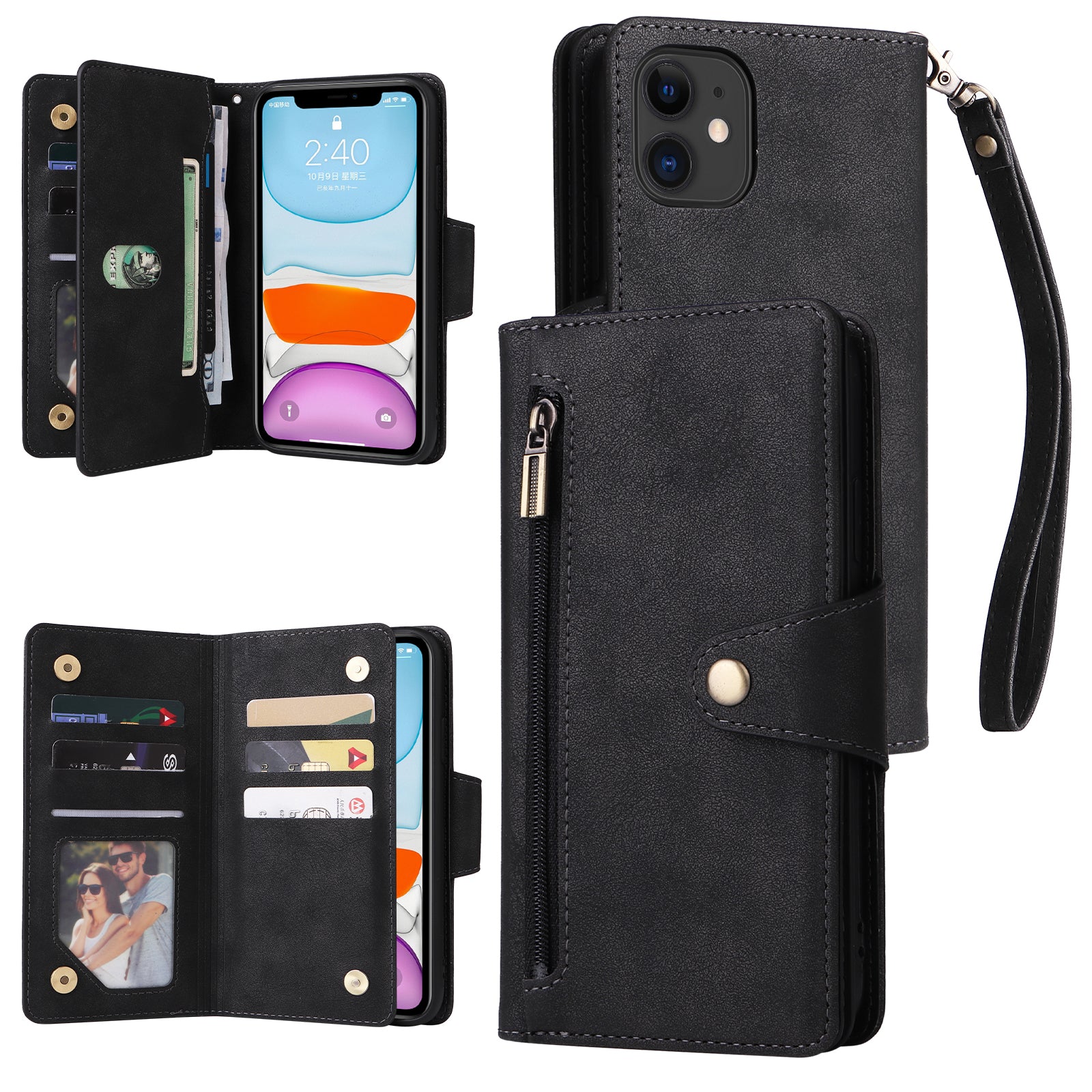 For iPhone 11 Case PU Leather Stand Phone Cover with Rivet Decor