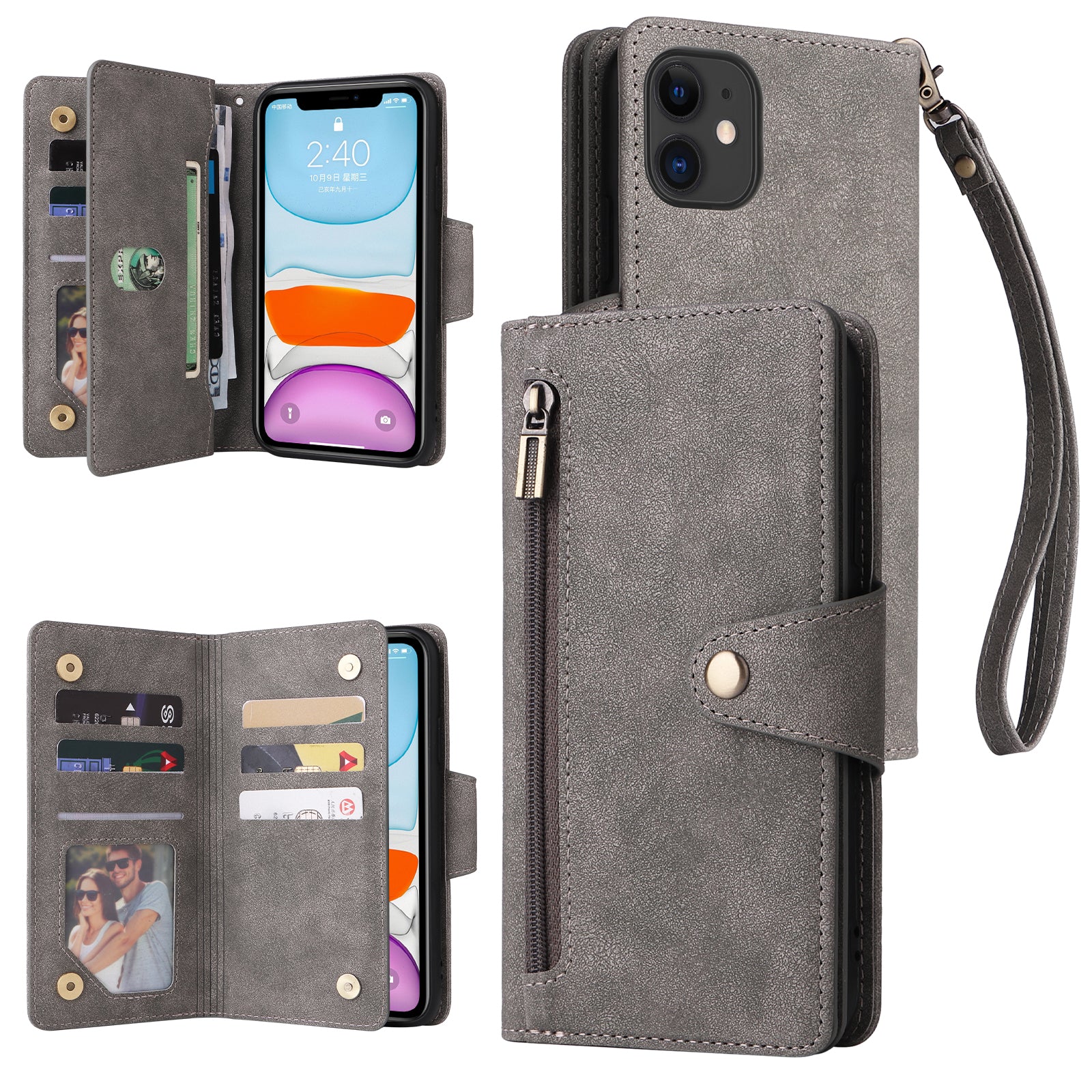For iPhone 11 Case PU Leather Stand Phone Cover with Rivet Decor