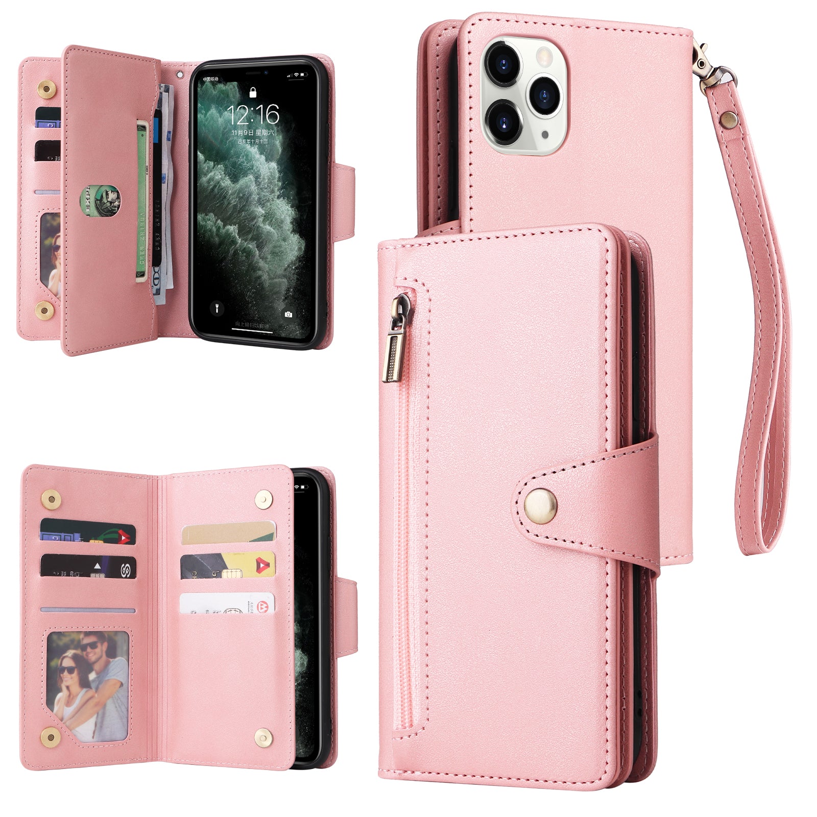 For iPhone 11 Pro Case PU Leather Rivet Decor Stand Flip Phone Cover Wallet