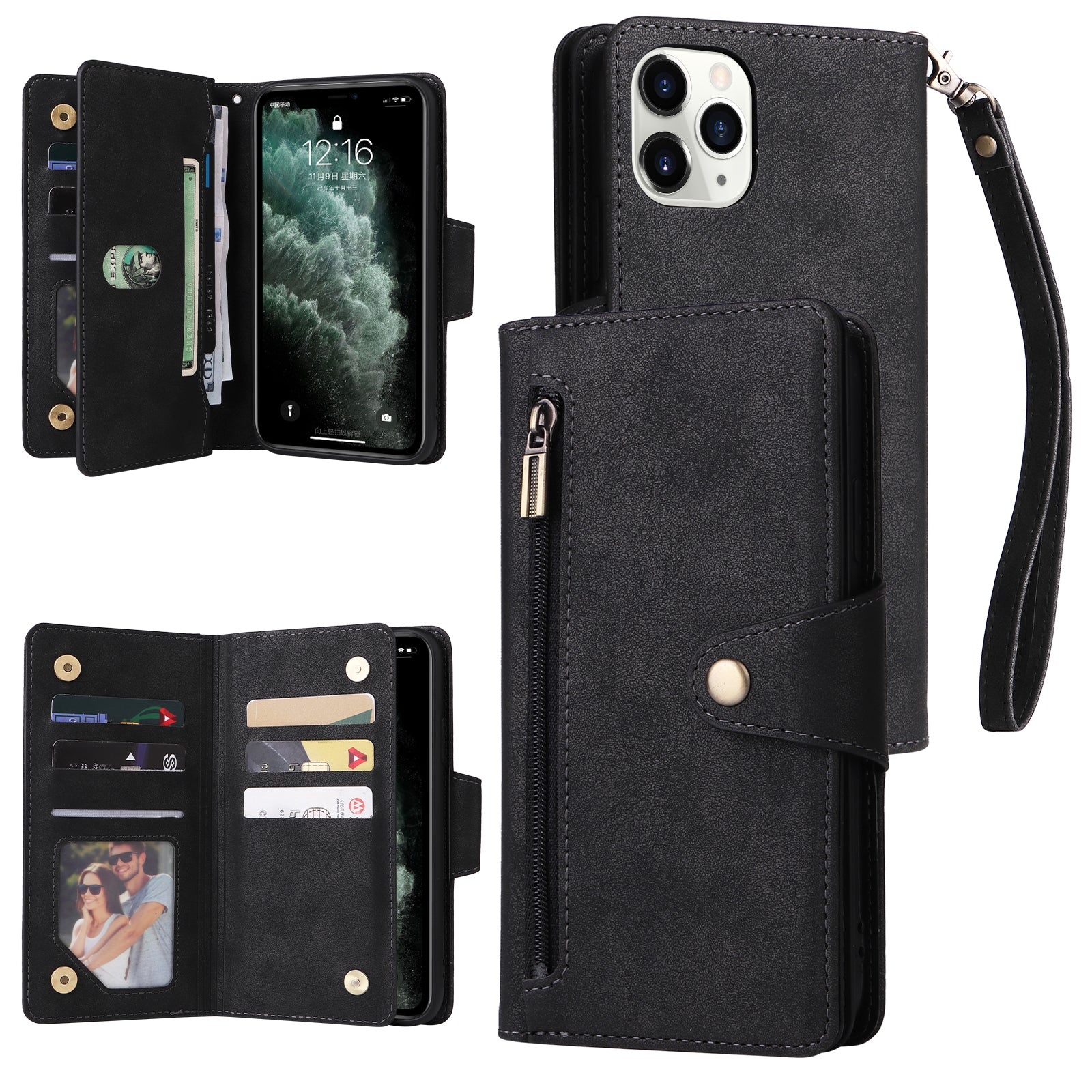 For iPhone 11 Pro Case PU Leather Rivet Decor Stand Flip Phone Cover Wallet
