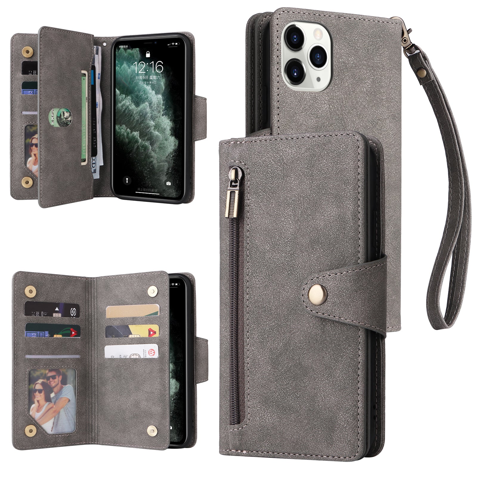 For iPhone 11 Pro Case PU Leather Rivet Decor Stand Flip Phone Cover Wallet