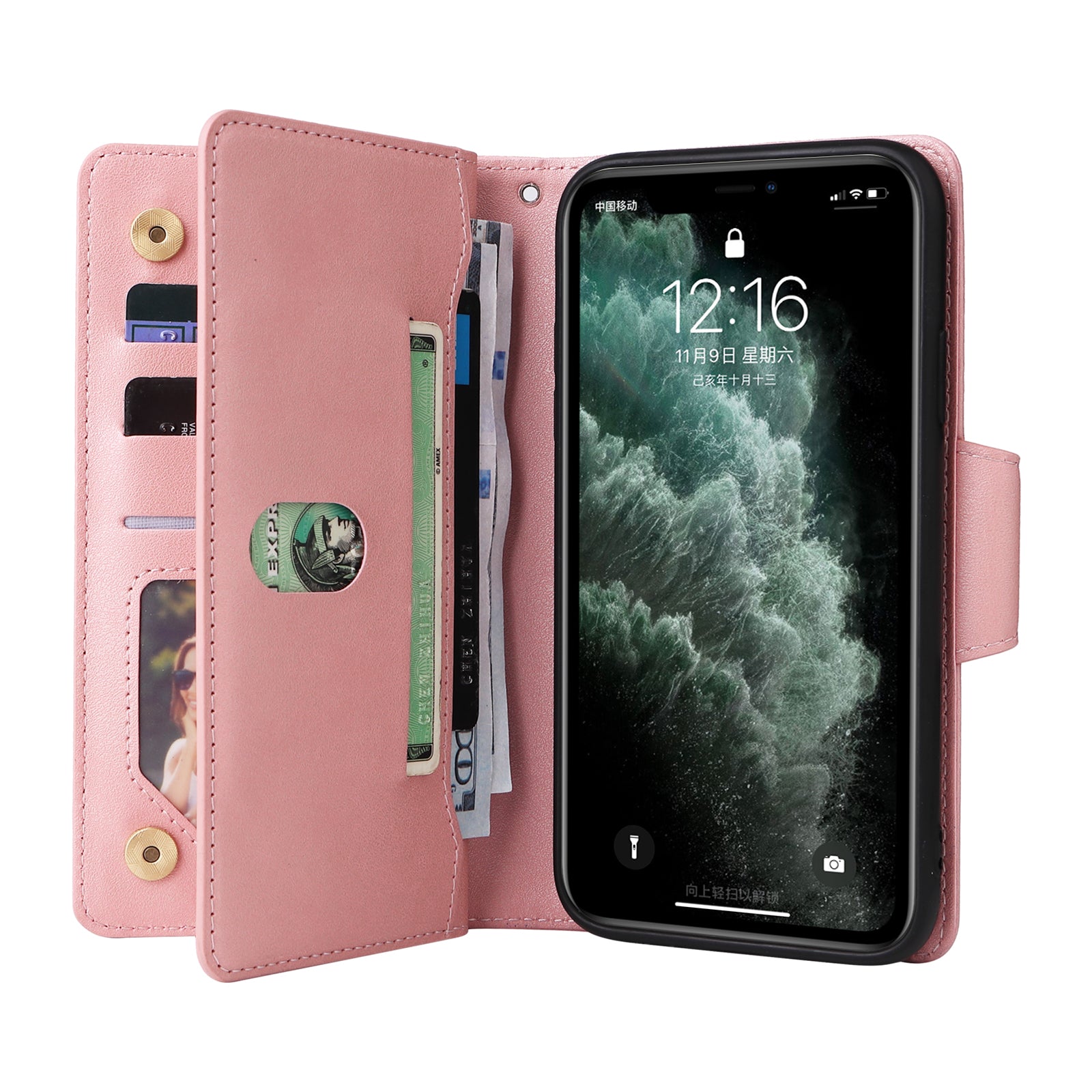 For iPhone 11 Pro Max Case PU Leather Wallet Card Slots Phone Cover with Rivet Decor