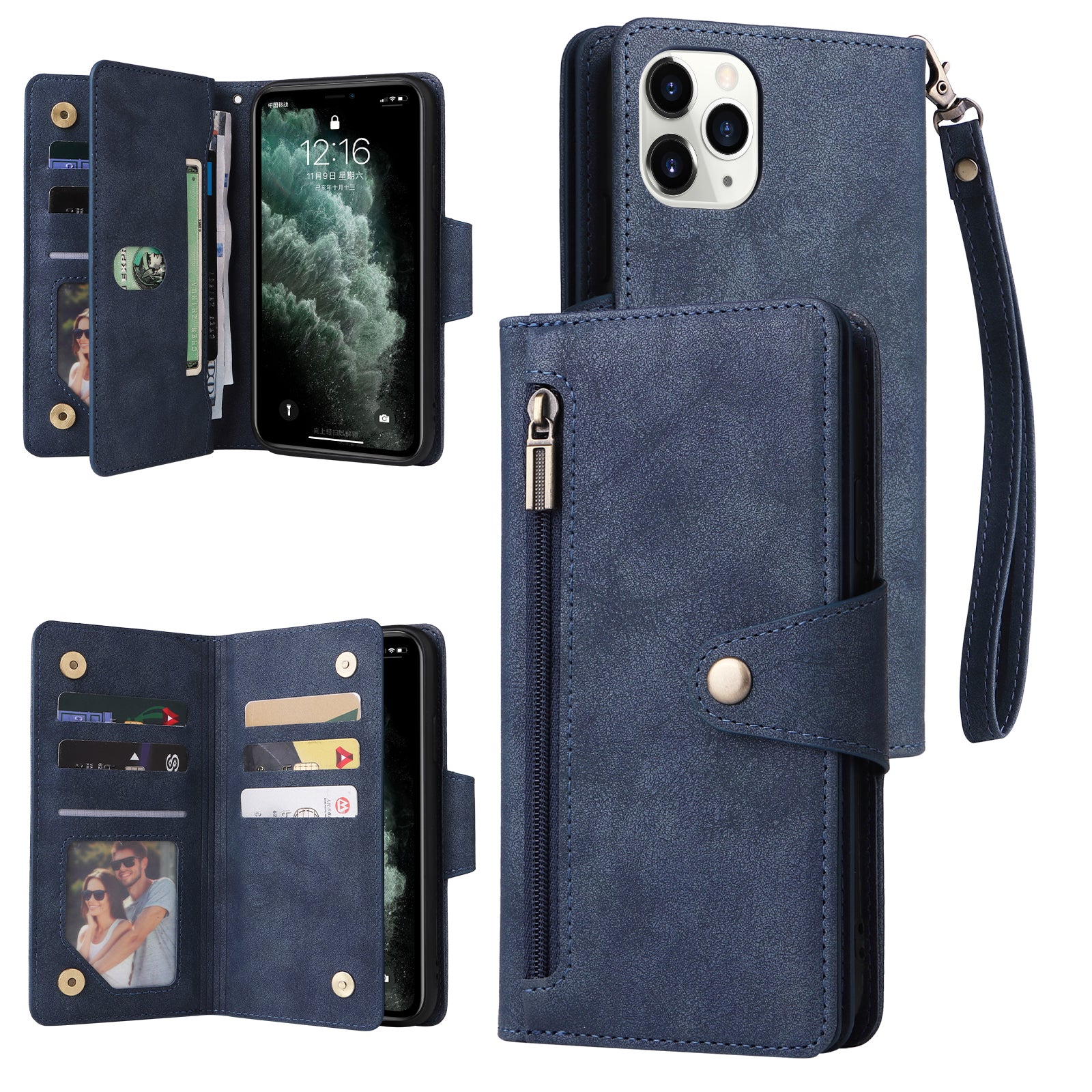 For iPhone 11 Pro Max Case PU Leather Wallet Card Slots Phone Cover with Rivet Decor