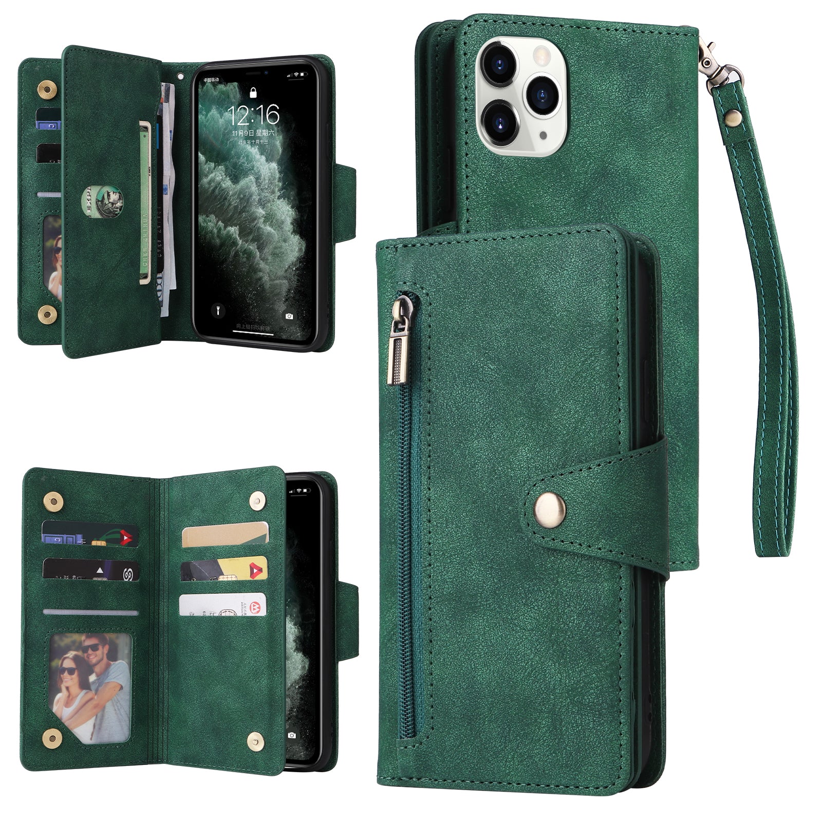 For iPhone 11 Pro Max Case PU Leather Wallet Card Slots Phone Cover with Rivet Decor