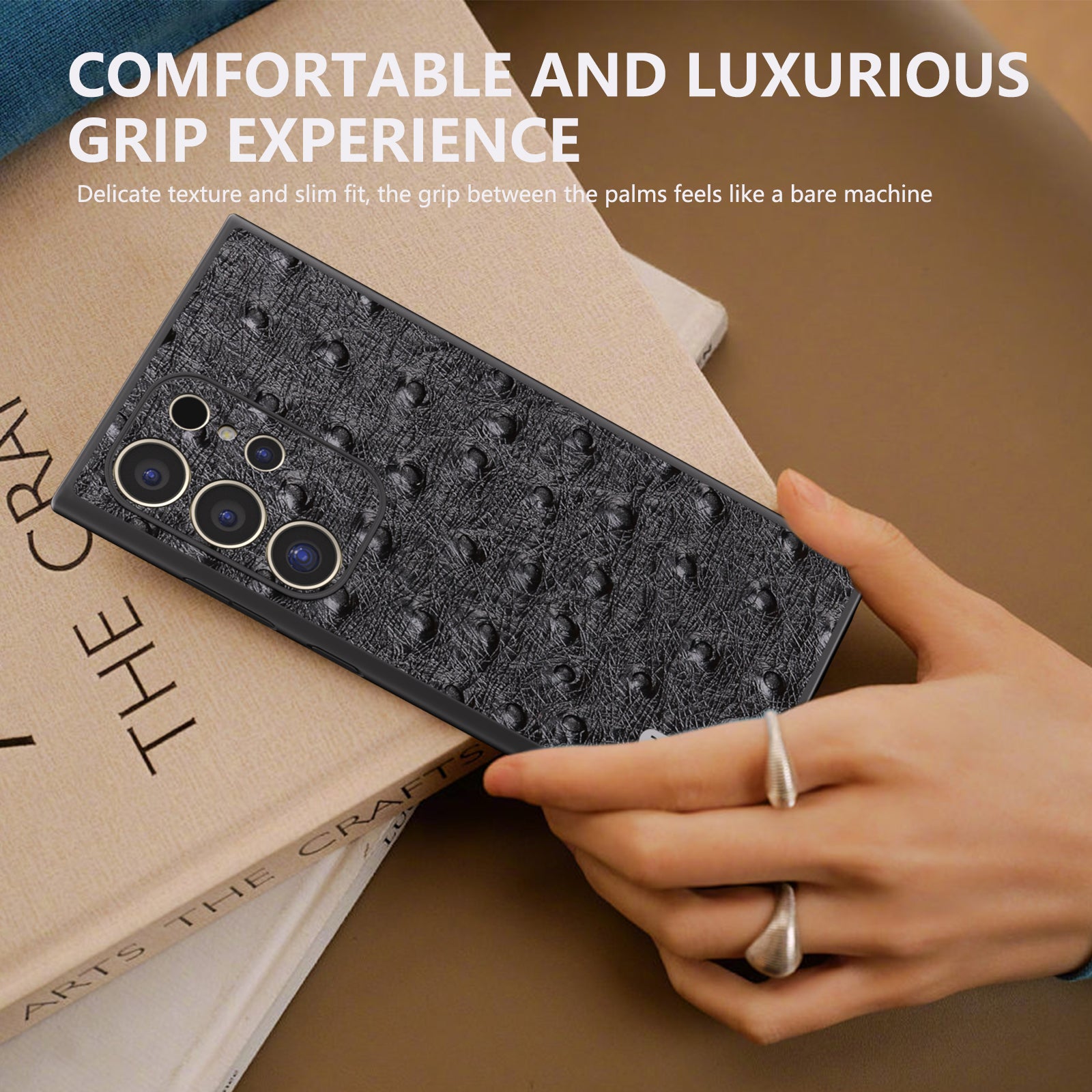 ABEEL For Samsung Galaxy S24 Ultra Case Ostrich Pattern Genuine Cow Leather Back Phone Cover