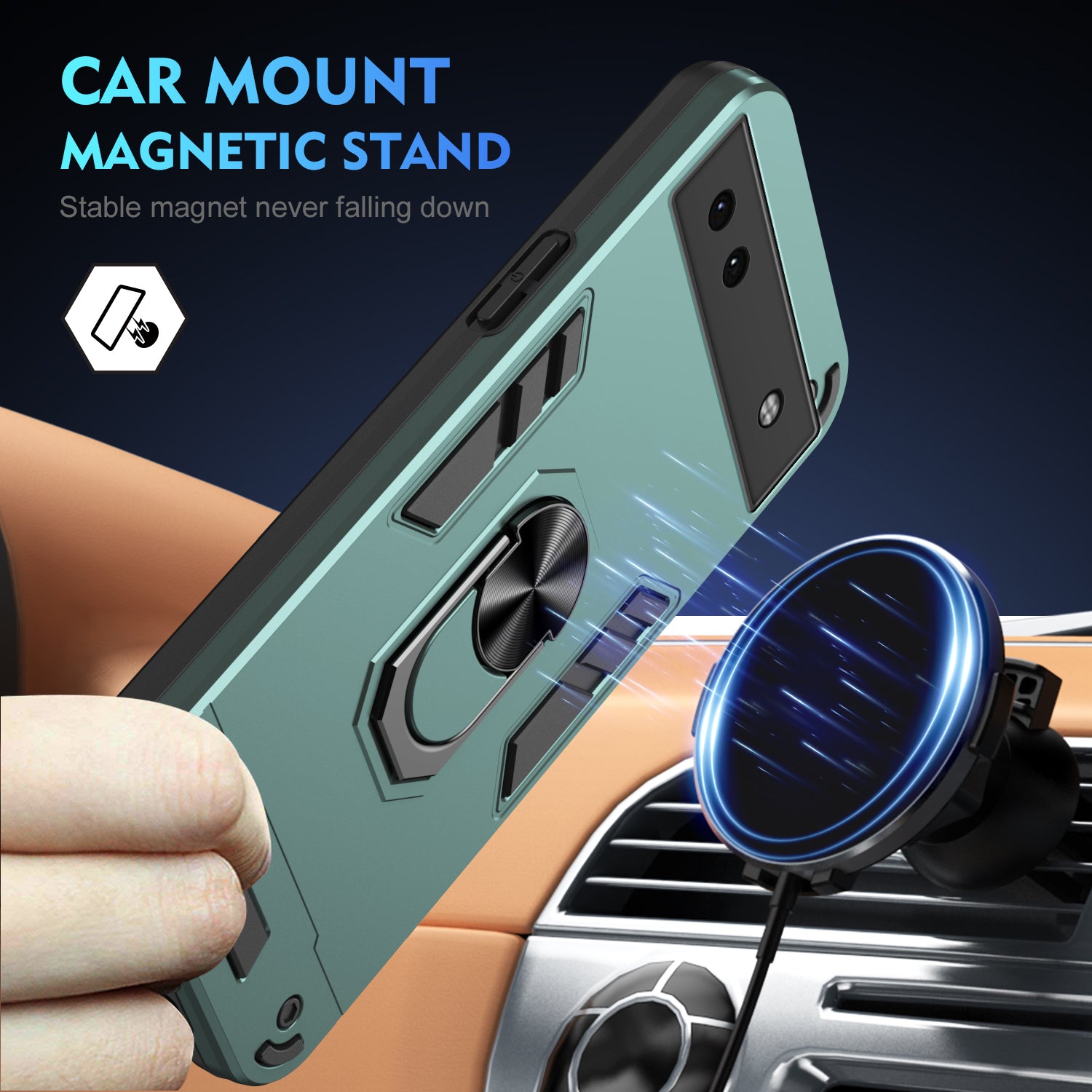 For Google Pixel 6a Case Magnetic Car Mount Phone Cover with Ring Kickstand